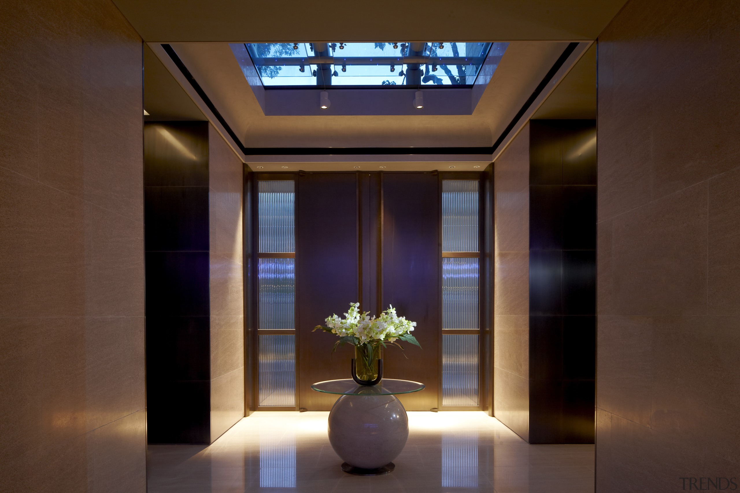 View of entrance with plant feature. - View architecture, ceiling, daylighting, interior design, lighting, lobby, brown, red