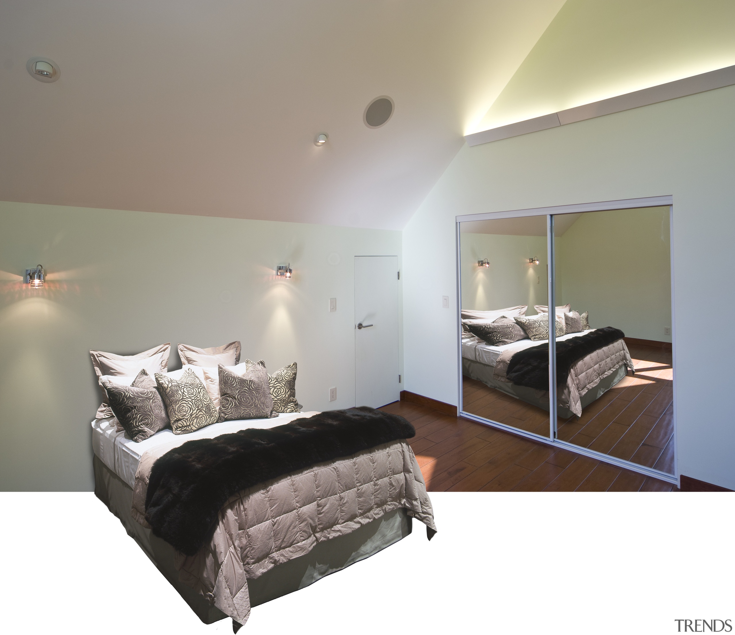 View of a bedroom at this canal-side residence bed, bed frame, bedroom, ceiling, floor, home, interior design, property, real estate, room, wall, gray, white