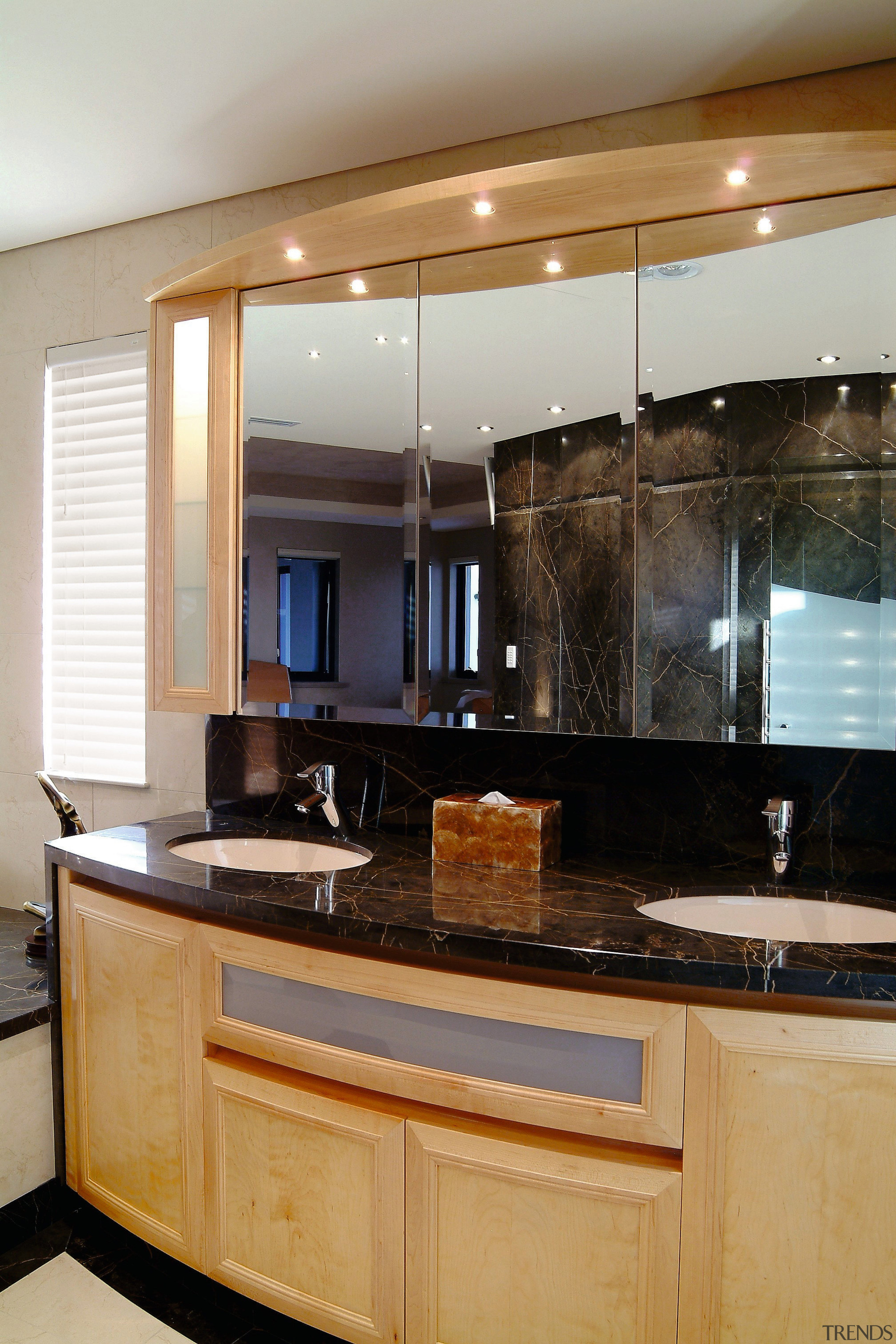 view of the twin basin vanity , timber cabinetry, countertop, cuisine classique, furniture, interior design, kitchen, room, sink, under cabinet lighting, gray, orange