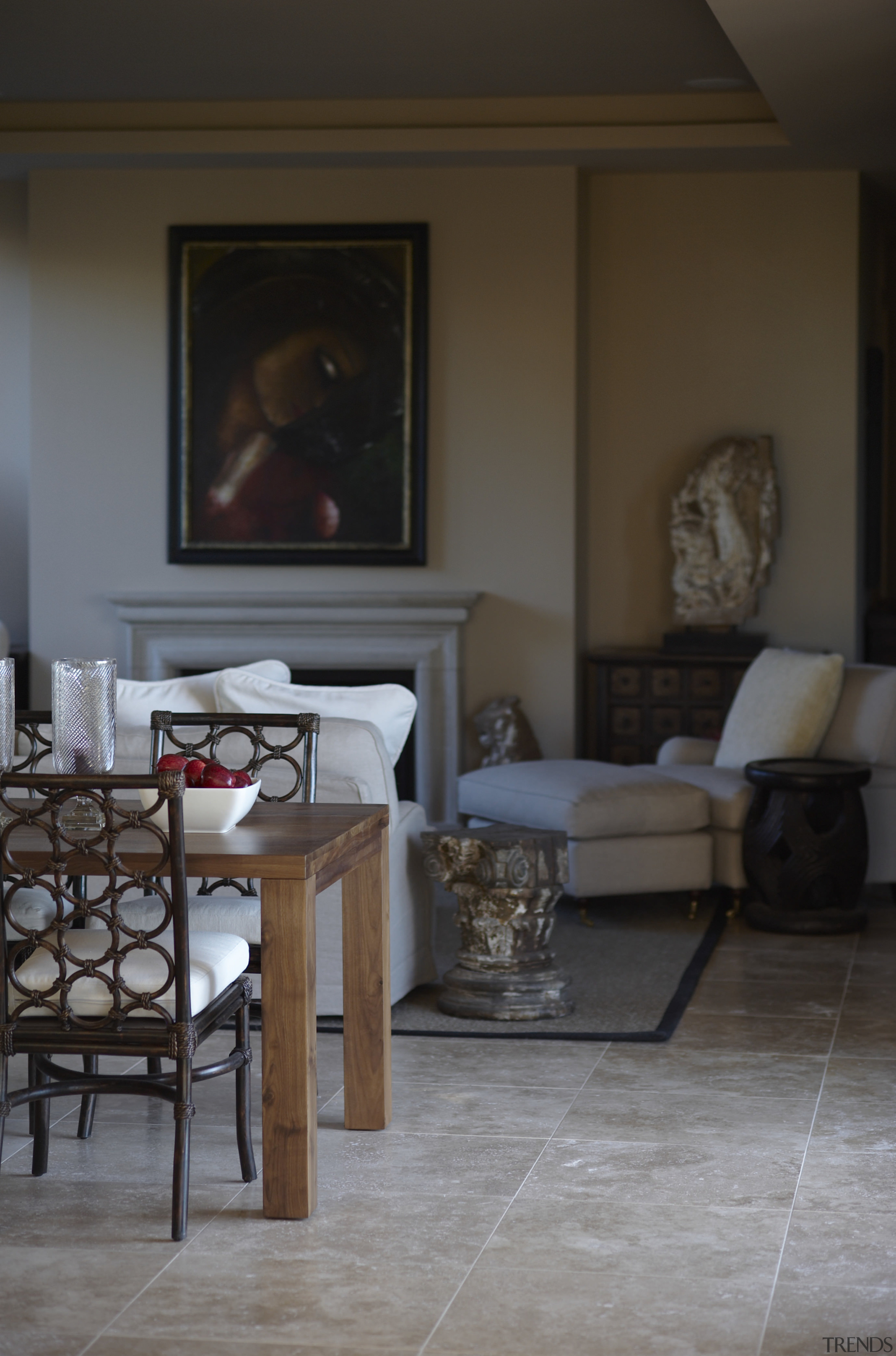 Eclectic contemporary interior with classic ceilings and limestone chair, floor, flooring, furniture, hardwood, home, interior design, living room, room, suite, table, gray, black, brown