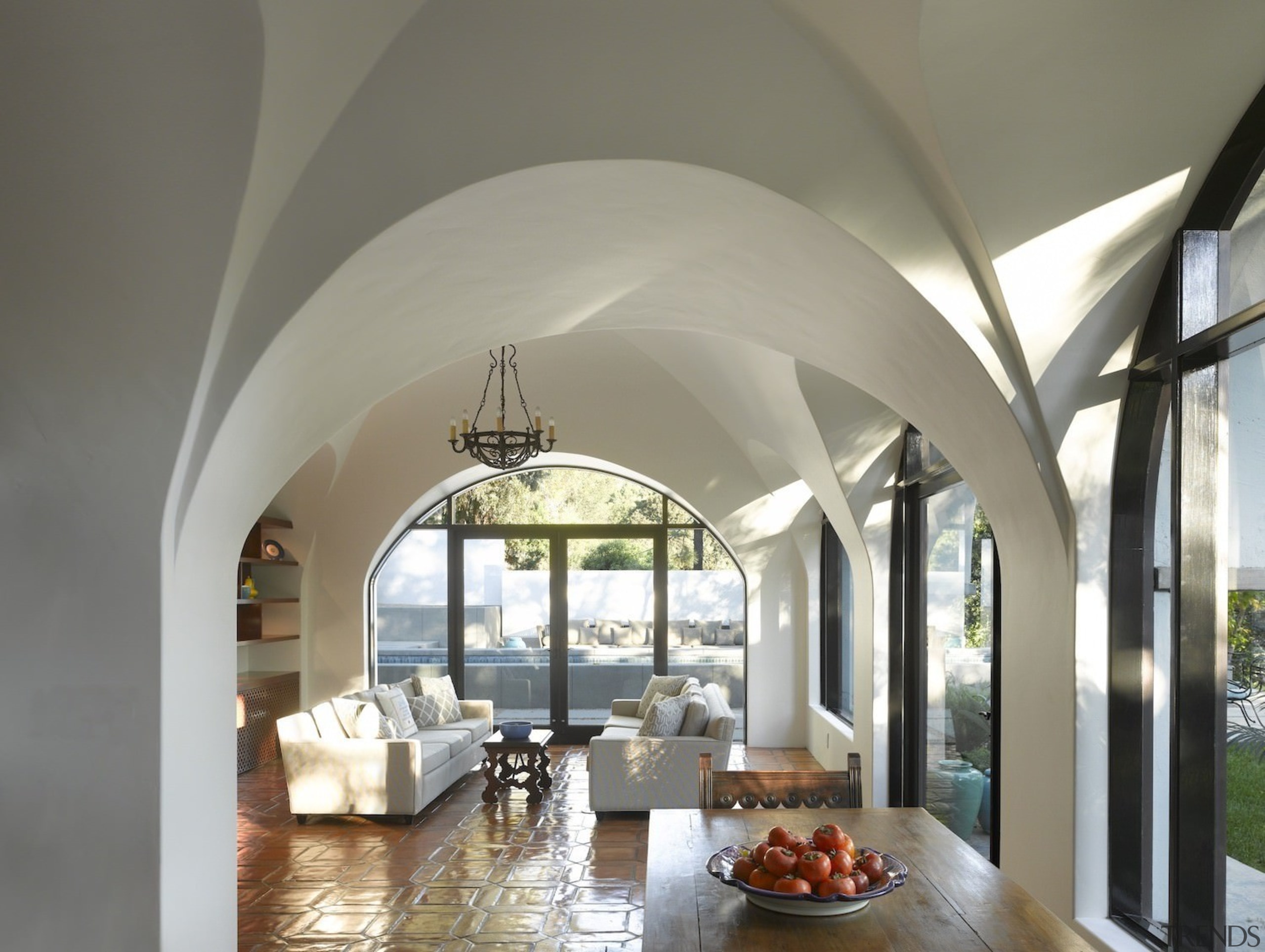 Arched windows match the shape of the ceilings architecture, ceiling, estate, interior design, window, gray