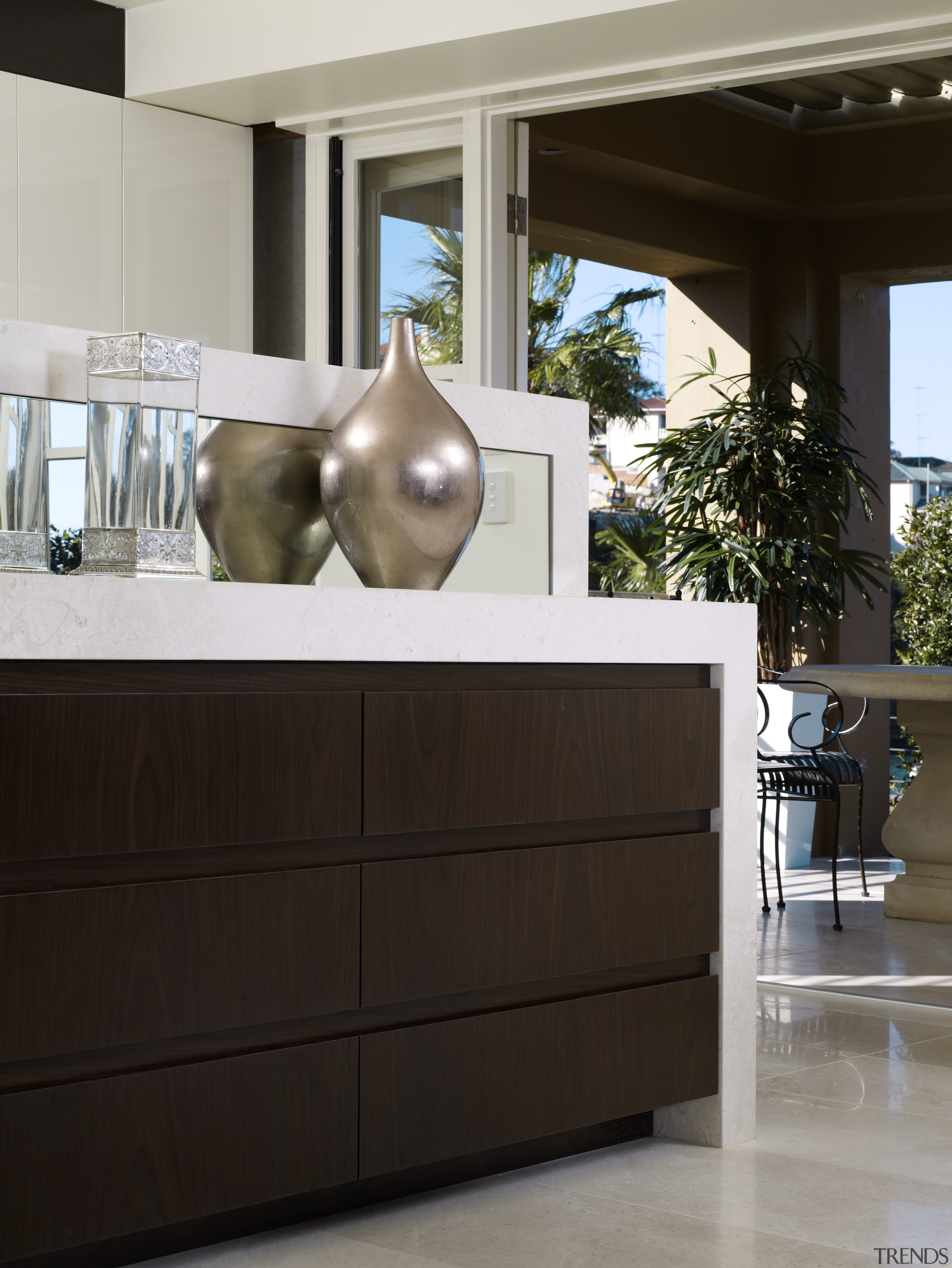 image of the kitchen island with timber veneer chest of drawers, furniture, interior design, black, gray