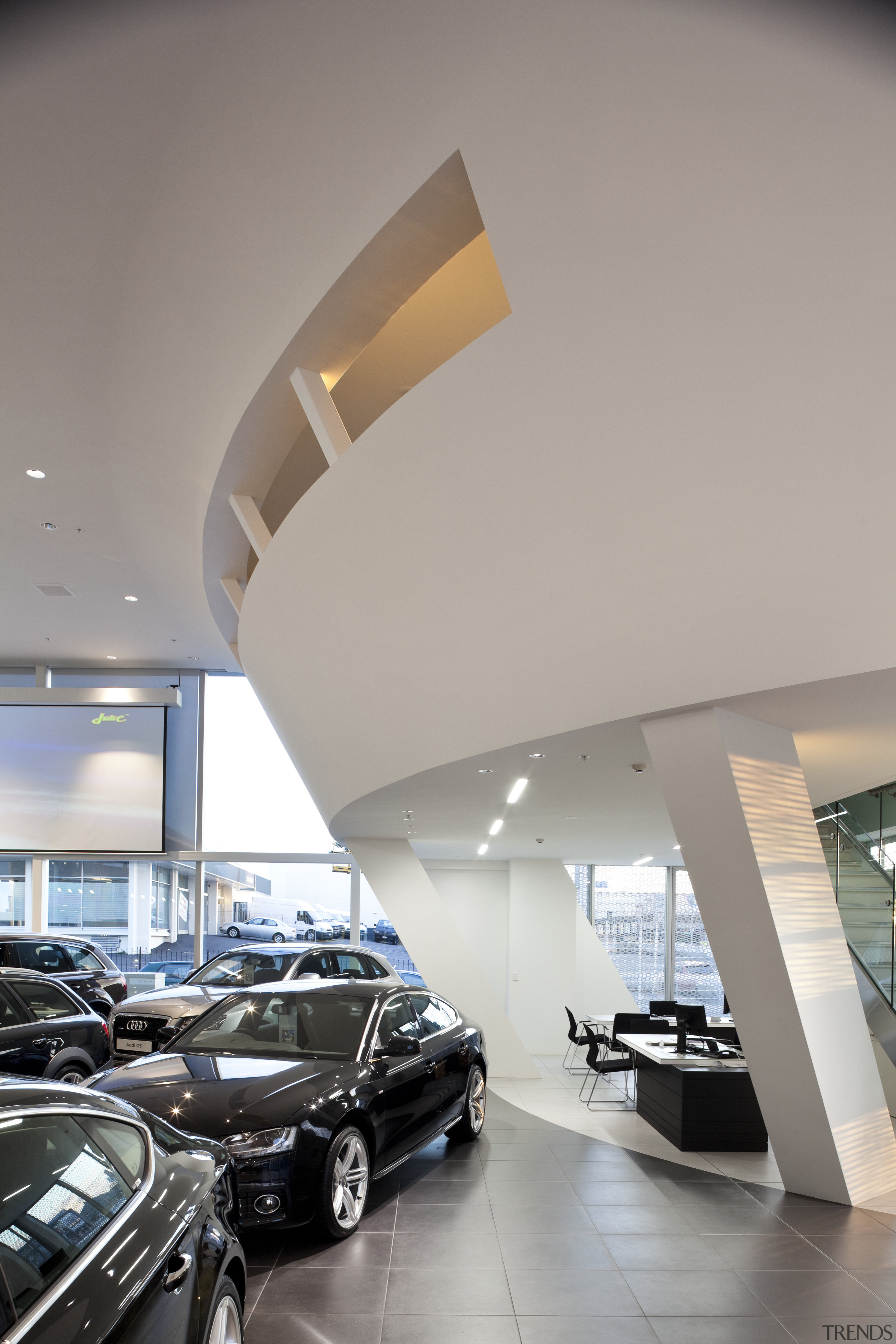 This Audi terminal was built chiefly by Dominion architecture, automotive design, building, car, car dealership, ceiling, executive car, house, interior design, luxury vehicle, motor vehicle, vehicle, gray