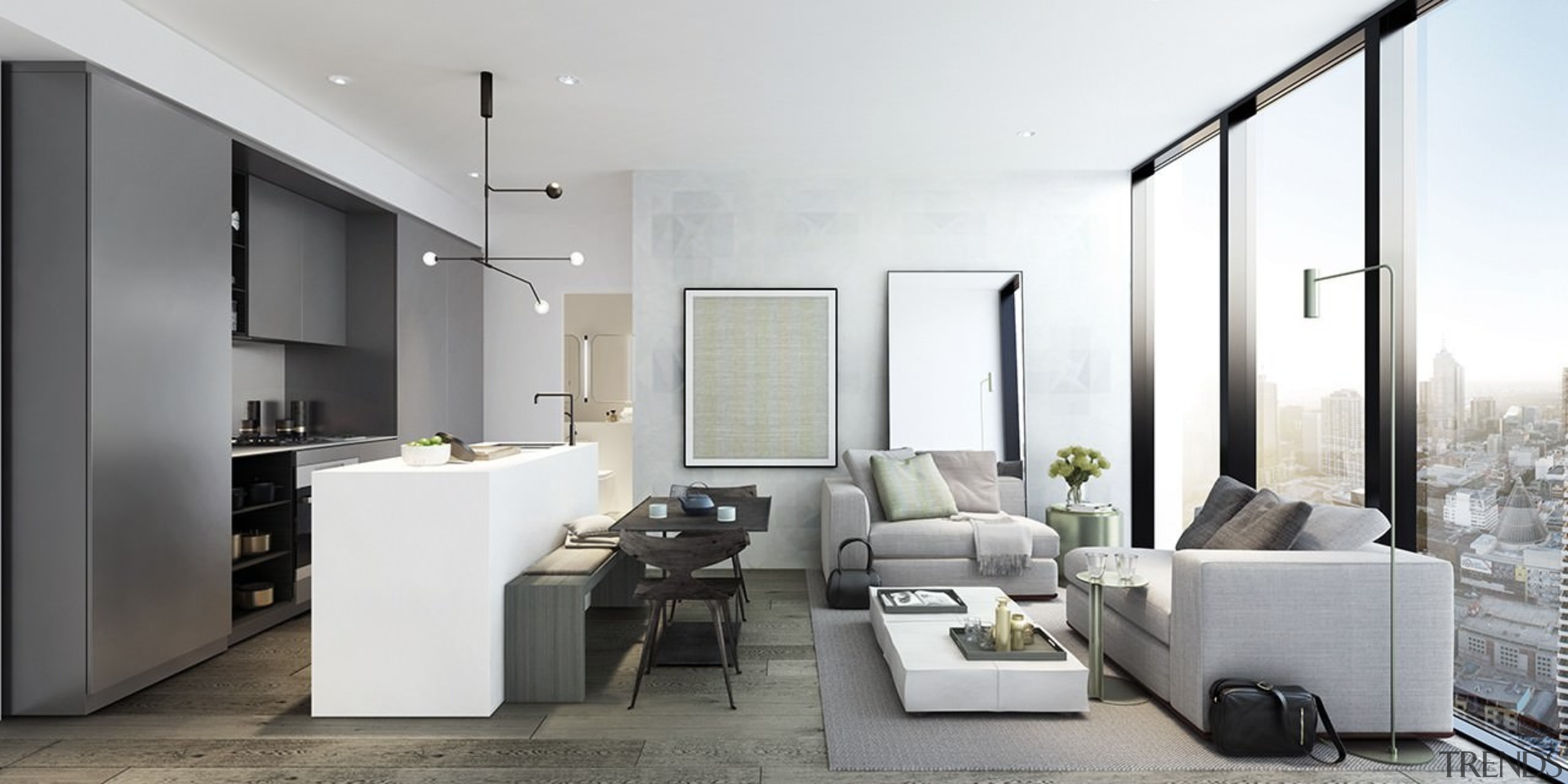 A minimalist colour palette keeps the focus on architecture, home, house, interior design, interior designer, living room, real estate, white, gray