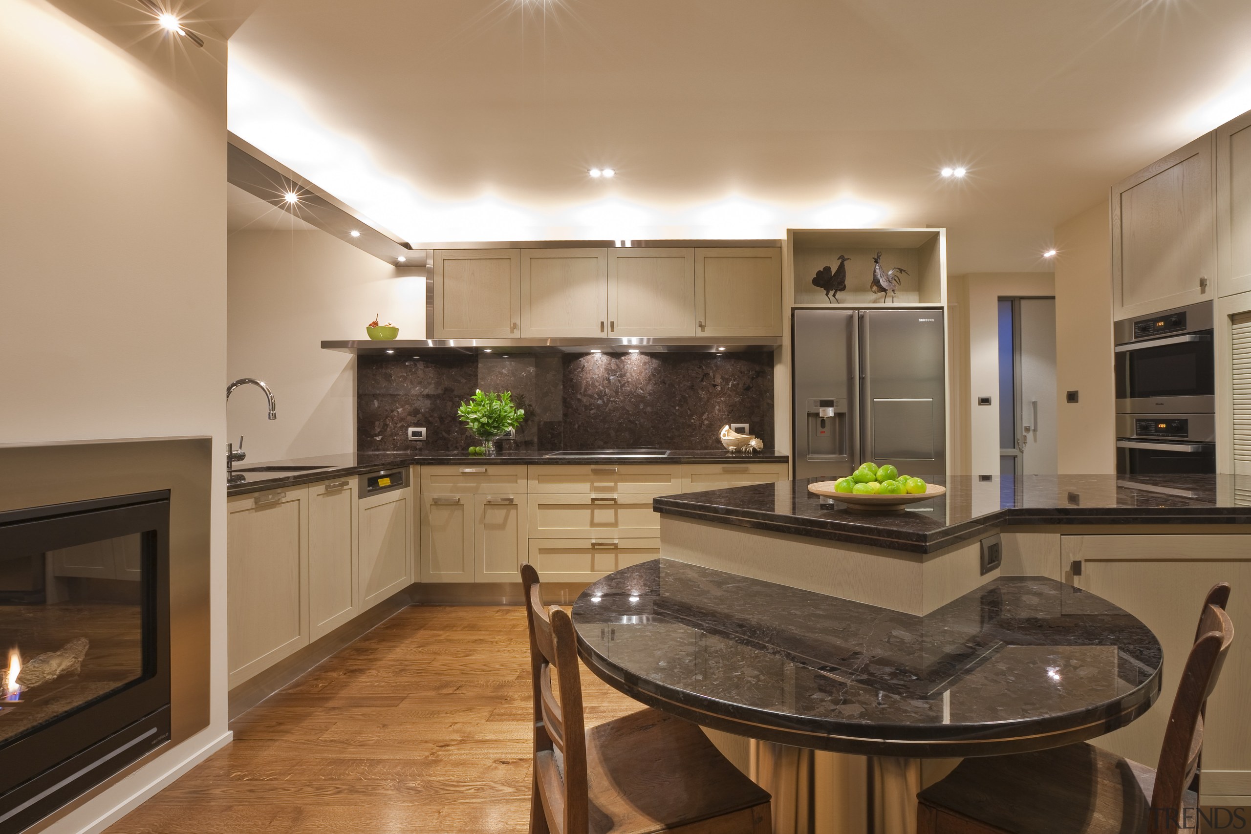 View of kitchen which features brown granite benchtops, cabinetry, ceiling, countertop, cuisine classique, interior design, kitchen, real estate, room, brown, orange