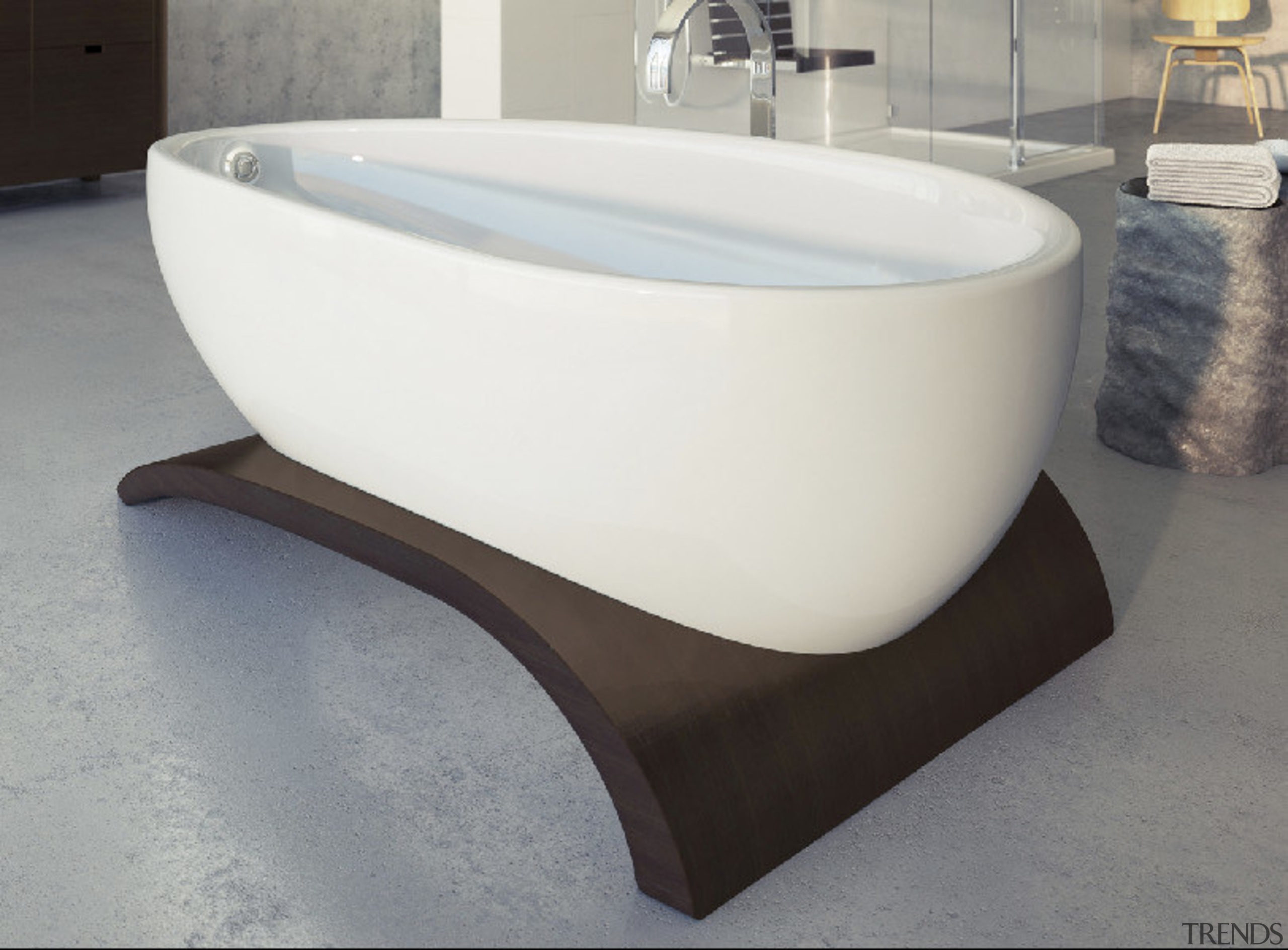 View of a freestanding egg-shaped Viaggi bathtub which bathroom sink, bathtub, plumbing fixture, product design, toilet seat, gray, white