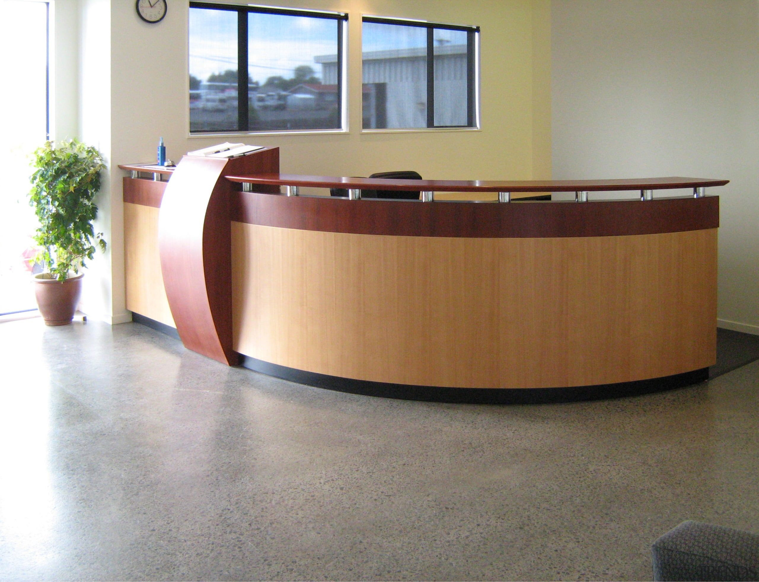 View of Stahlton Engineered Concretes new office and desk, floor, flooring, furniture, product design, table, gray, white