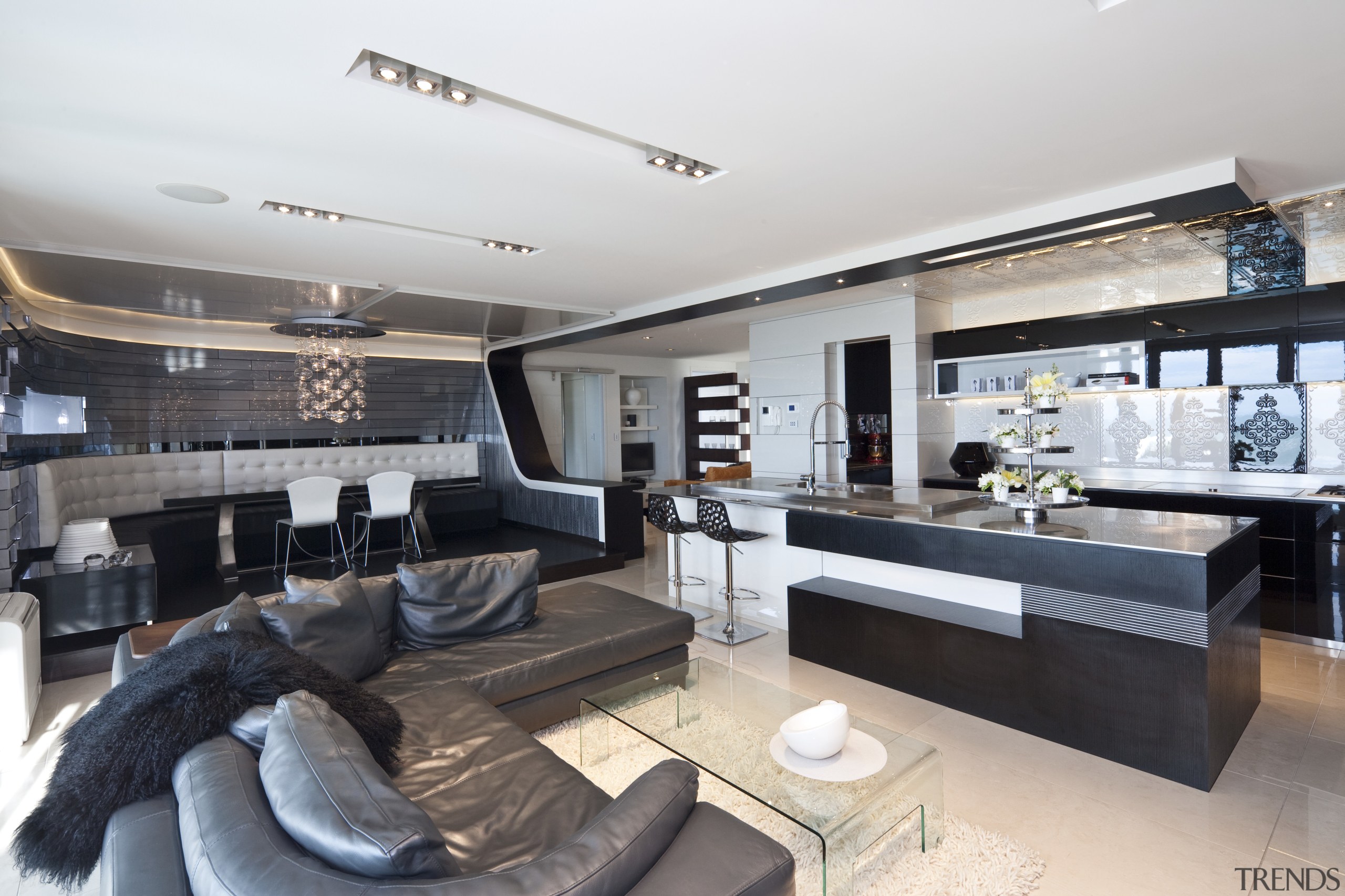 Modern kitchen features bold design - Modern kitchen apartment, interior design, living room, property, gray, white