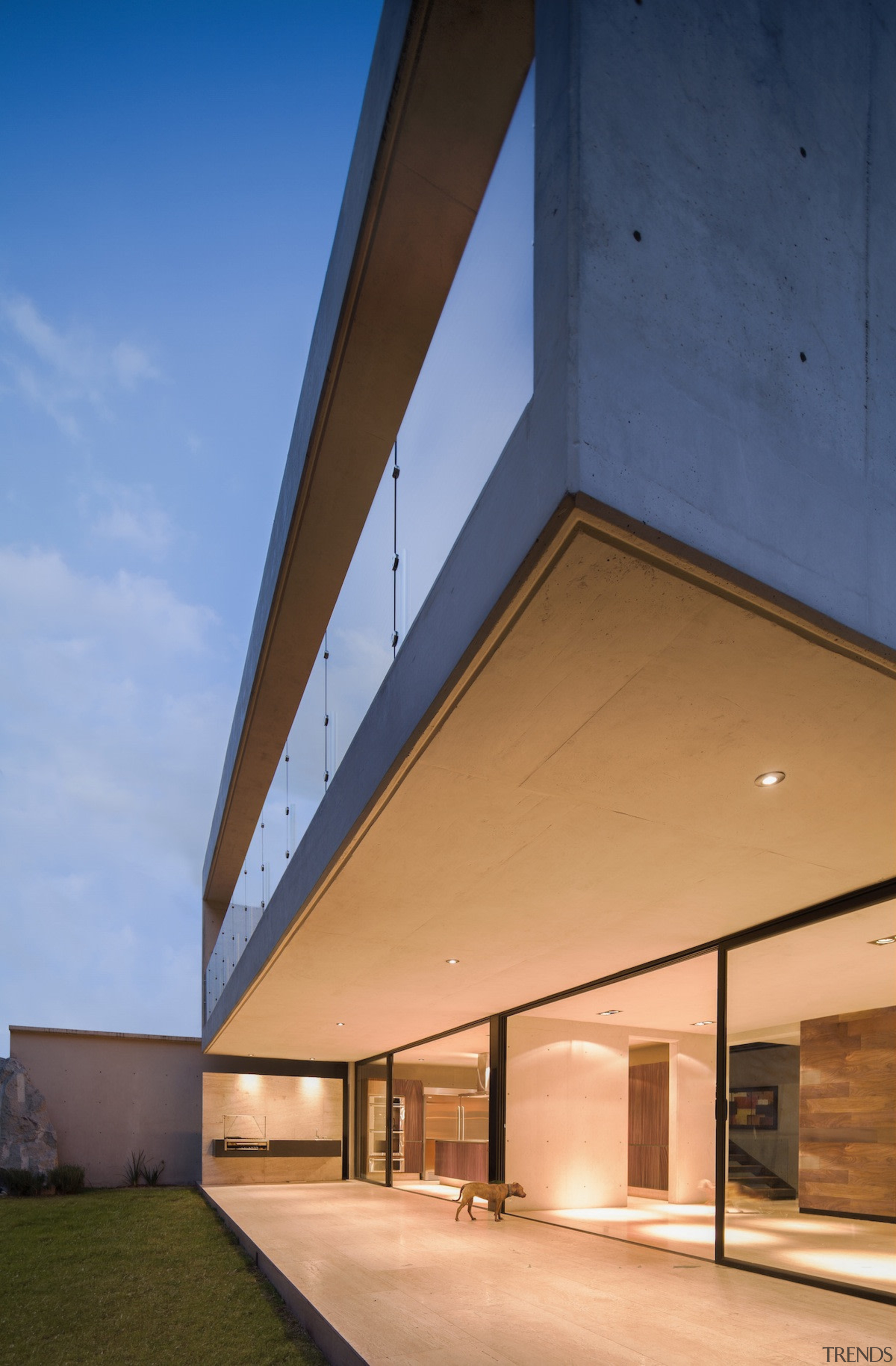 The volumes of the home are clean and architecture, building, commercial building, corporate headquarters, daylighting, estate, facade, home, house, real estate, roof, sky, window, teal, orange