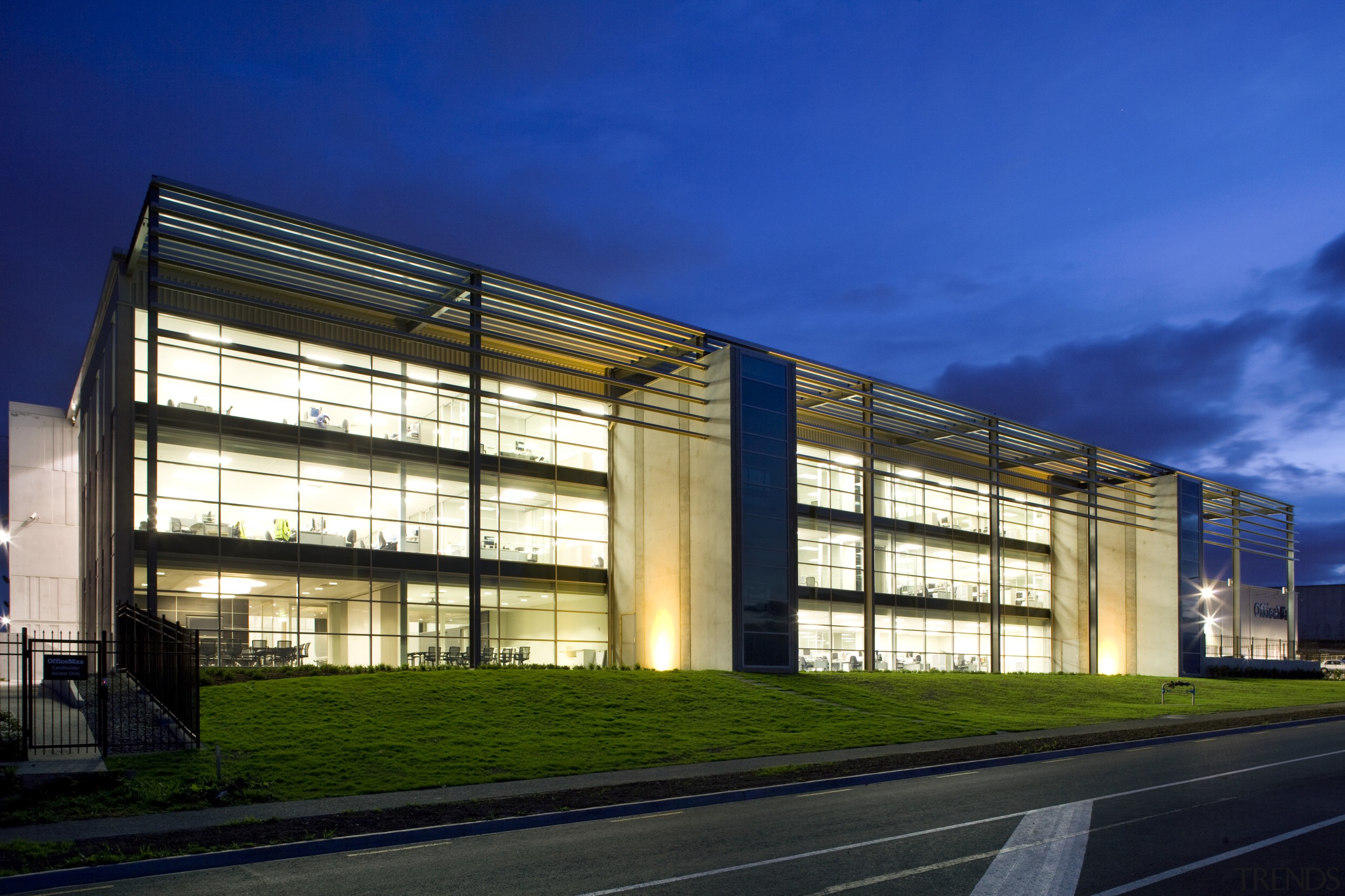 Images of the Exterior of the Office Max architecture, building, commercial building, condominium, corporate headquarters, daytime, facade, headquarters, house, metropolitan area, mixed use, real estate, residential area, sky, structure, blue