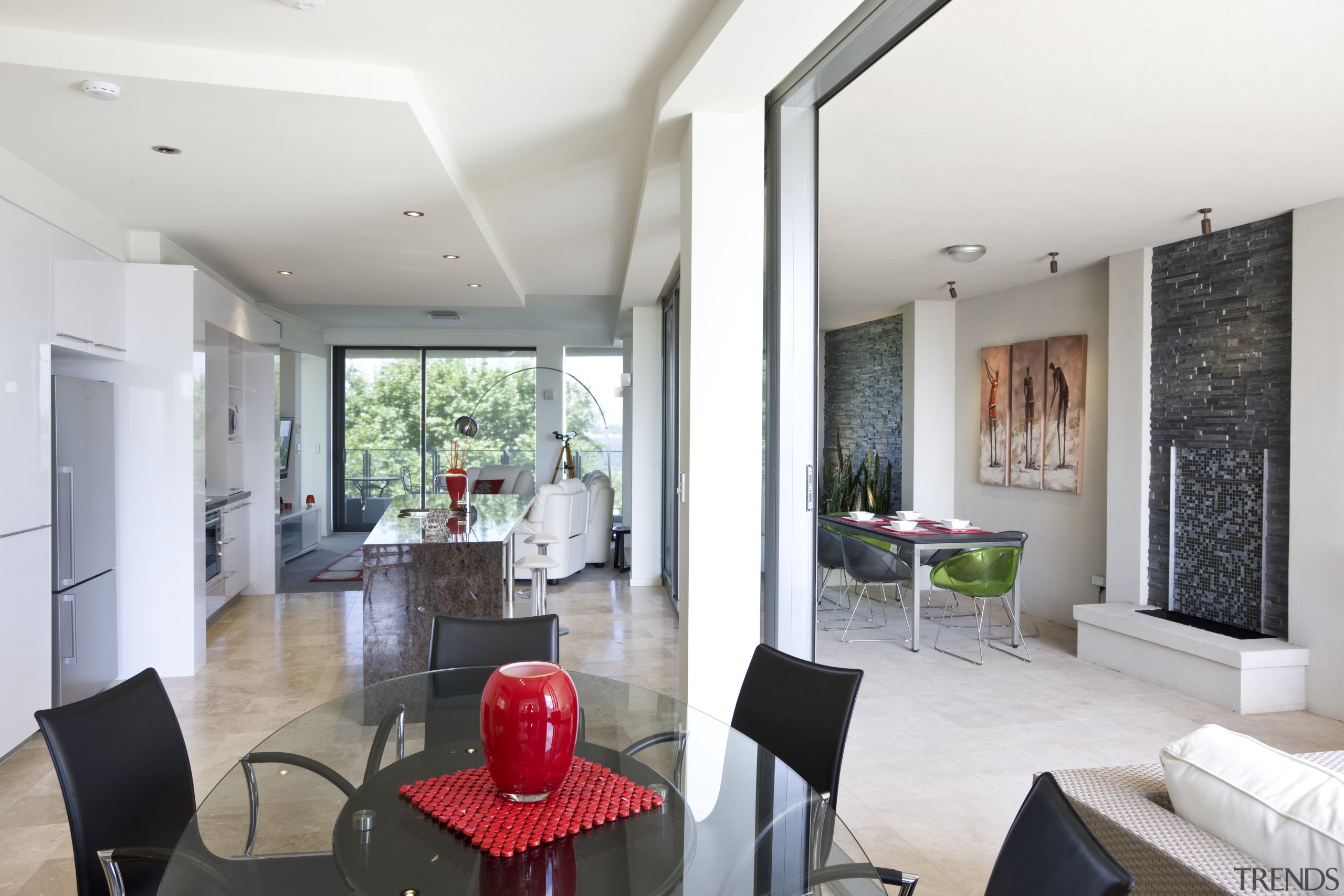 Image of kitchen and dining area which have apartment, ceiling, house, interior design, living room, property, real estate, white