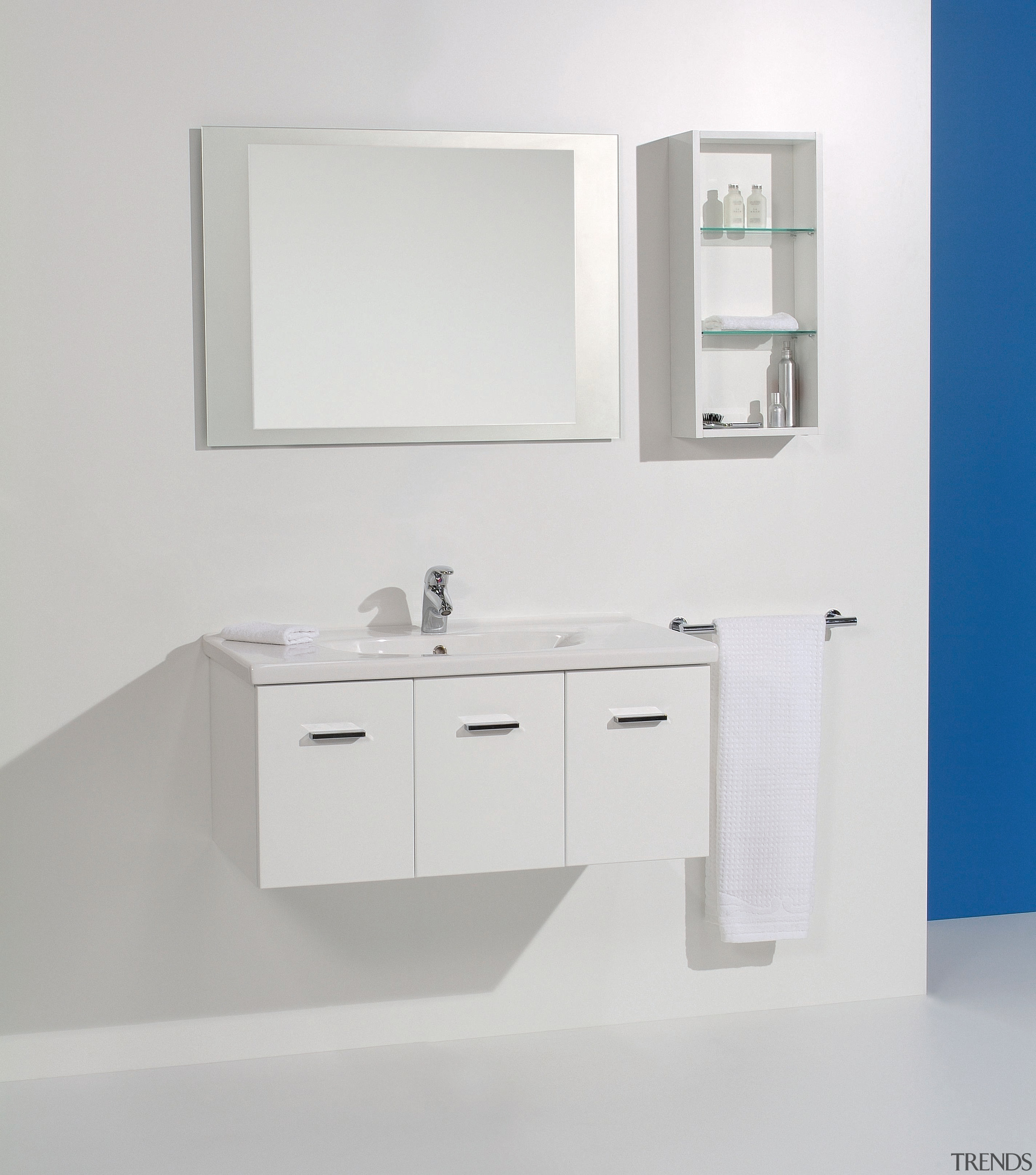 The vanity area of a bathroom featuring wall angle, bathroom, bathroom accessory, bathroom cabinet, bathroom sink, plumbing fixture, product, product design, sink, tap, gray