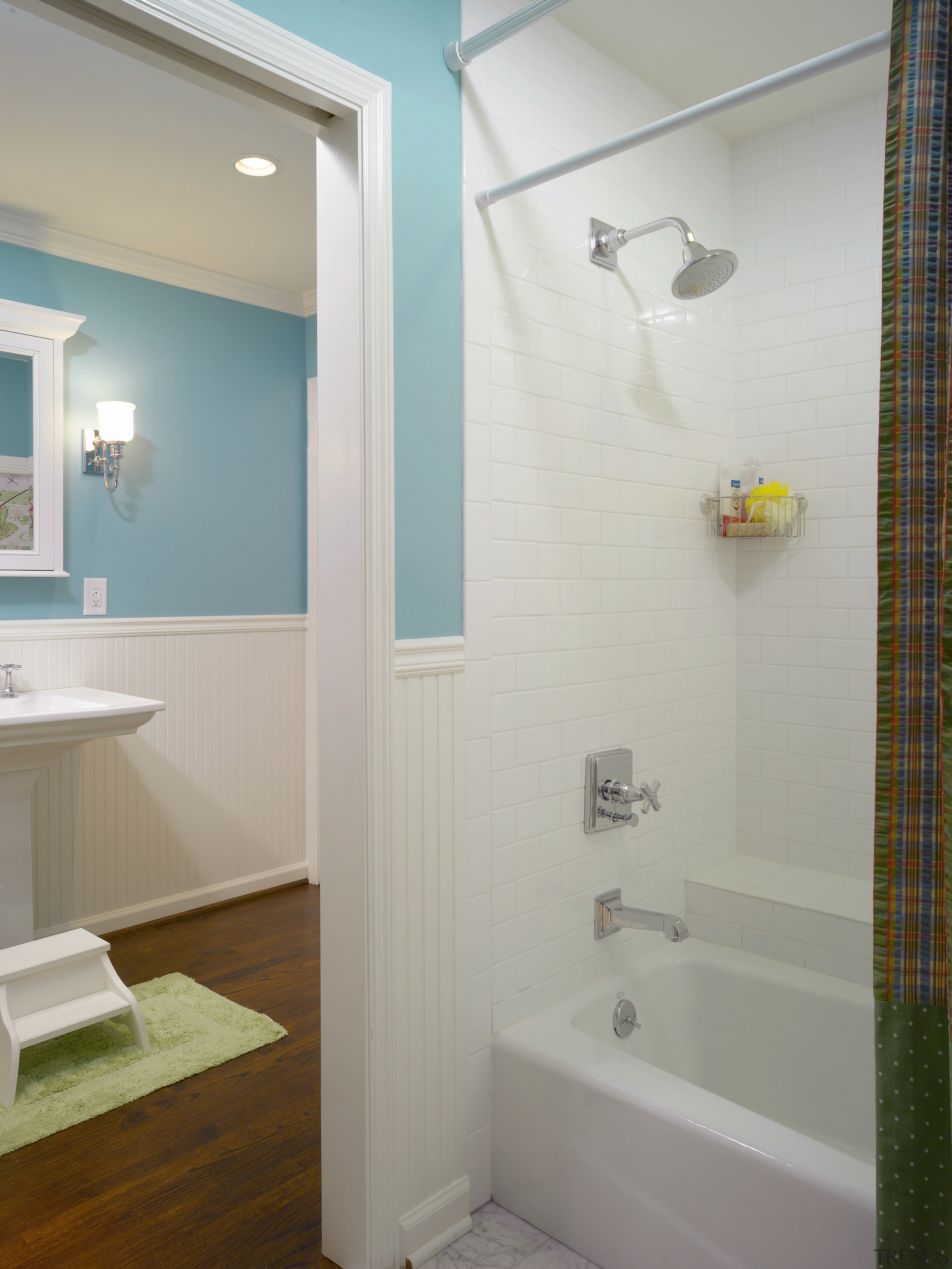 A view of this childrens bathrom designed by bathroom, bathroom accessory, ceiling, daylighting, floor, home, interior design, plumbing fixture, property, room, sink, tile, wall, window, gray