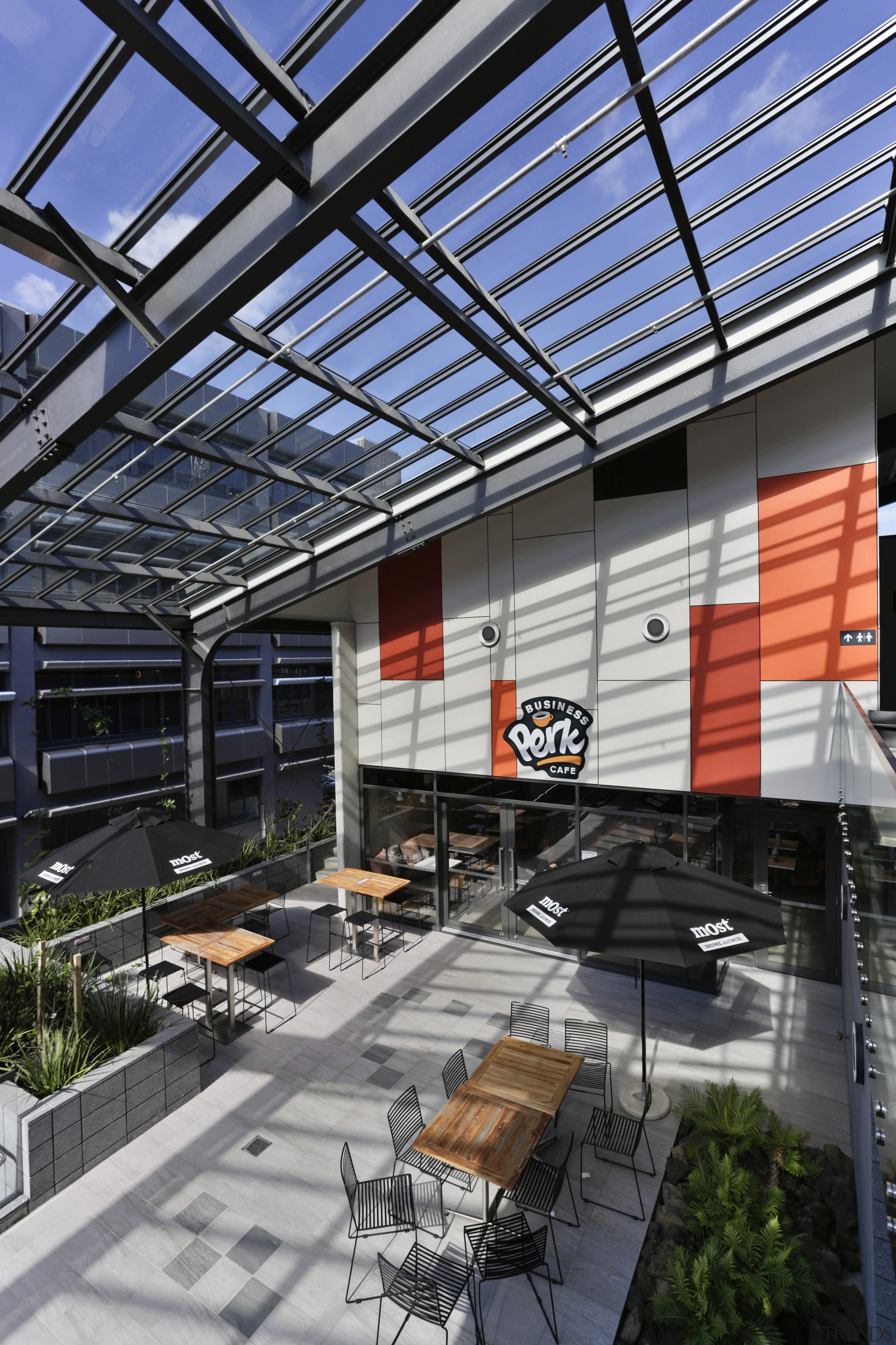 The covered plaza at the new EMA head architecture, daylighting, real estate, roof, structure, black, gray