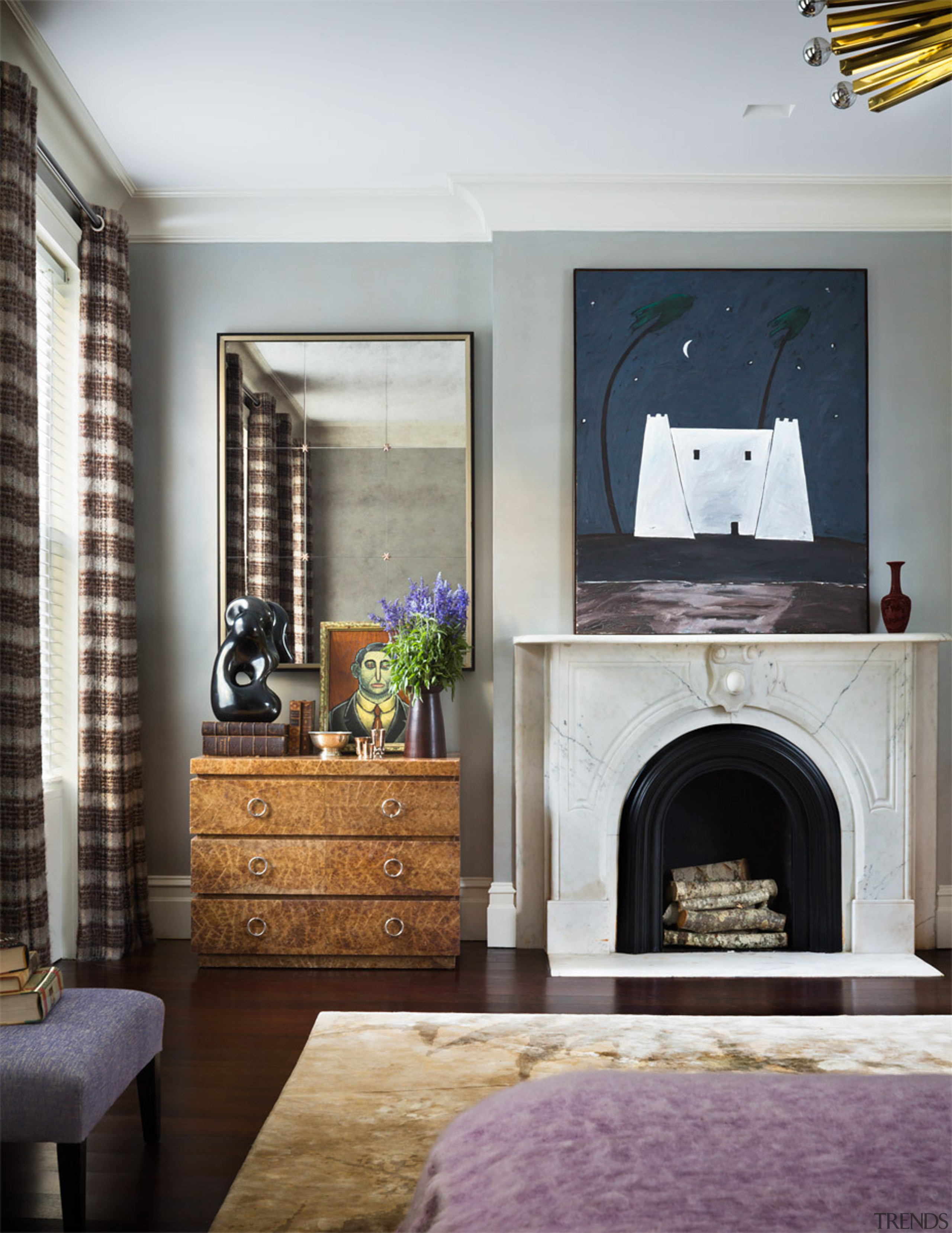 Bedroom – Joan Dineen townhouse - fireplace | floor fireplace, floor, furniture, hearth, home, interior design, living room, room, wall, gray