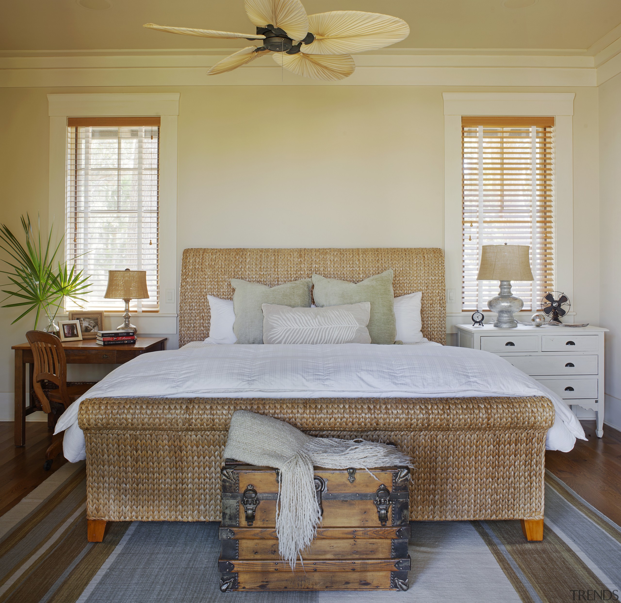 Traditional painted butt boards on the walls and bed, bed frame, bedding, bedroom, ceiling, estate, floor, furniture, home, interior design, living room, real estate, room, wall, window, wood, gray, brown