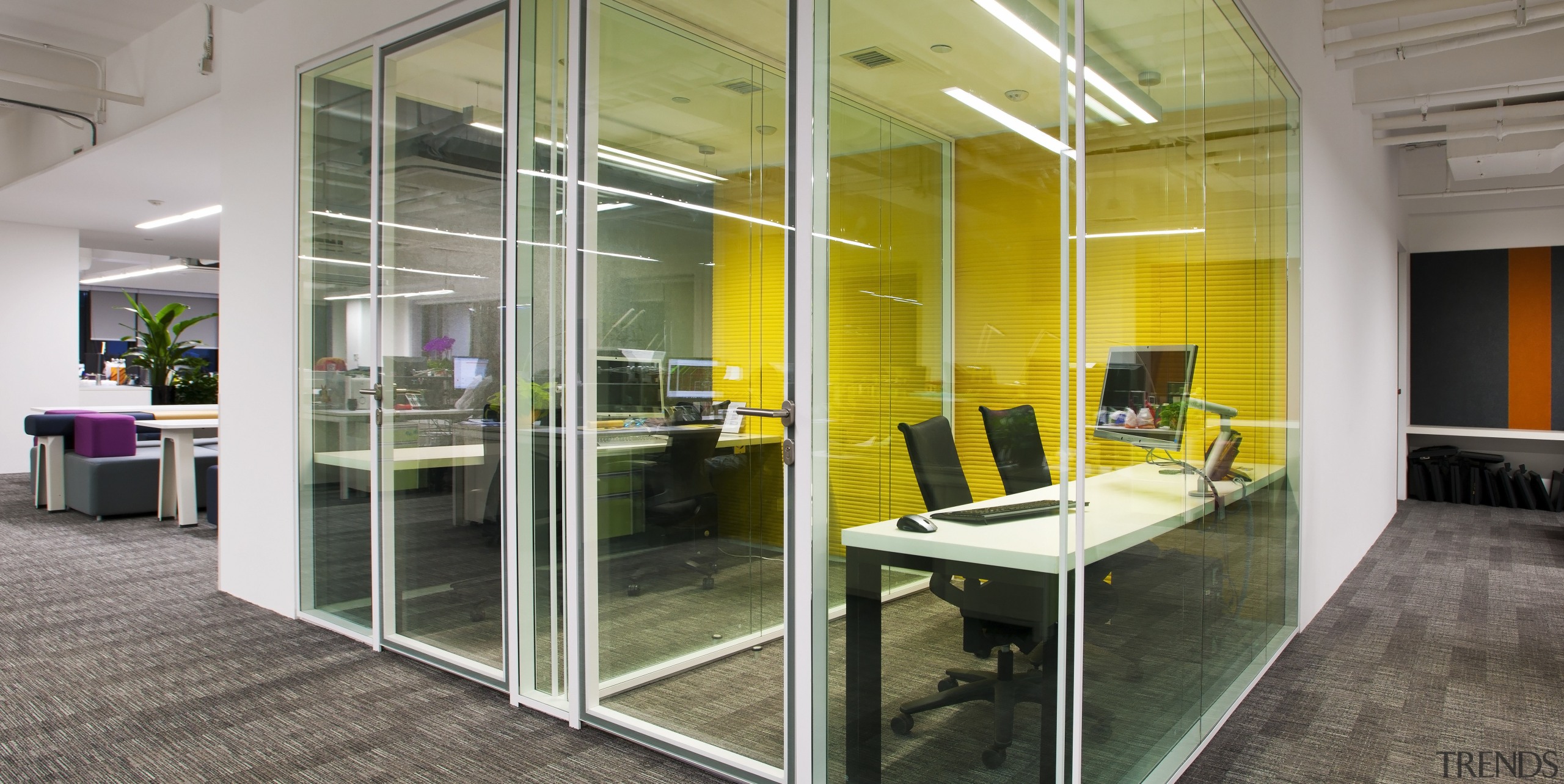Furniture and blinds offer vibrant pops of colour door, glass, interior design, office, window, gray