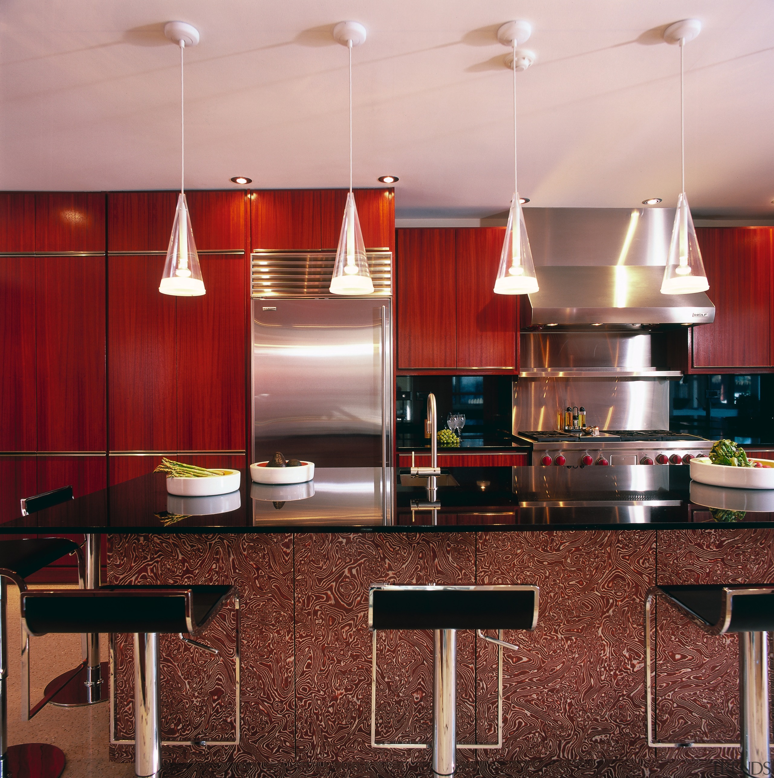 A view of this kitchen featuring terrazzo flooring, ceiling, countertop, interior design, kitchen, lighting, table, red, gray