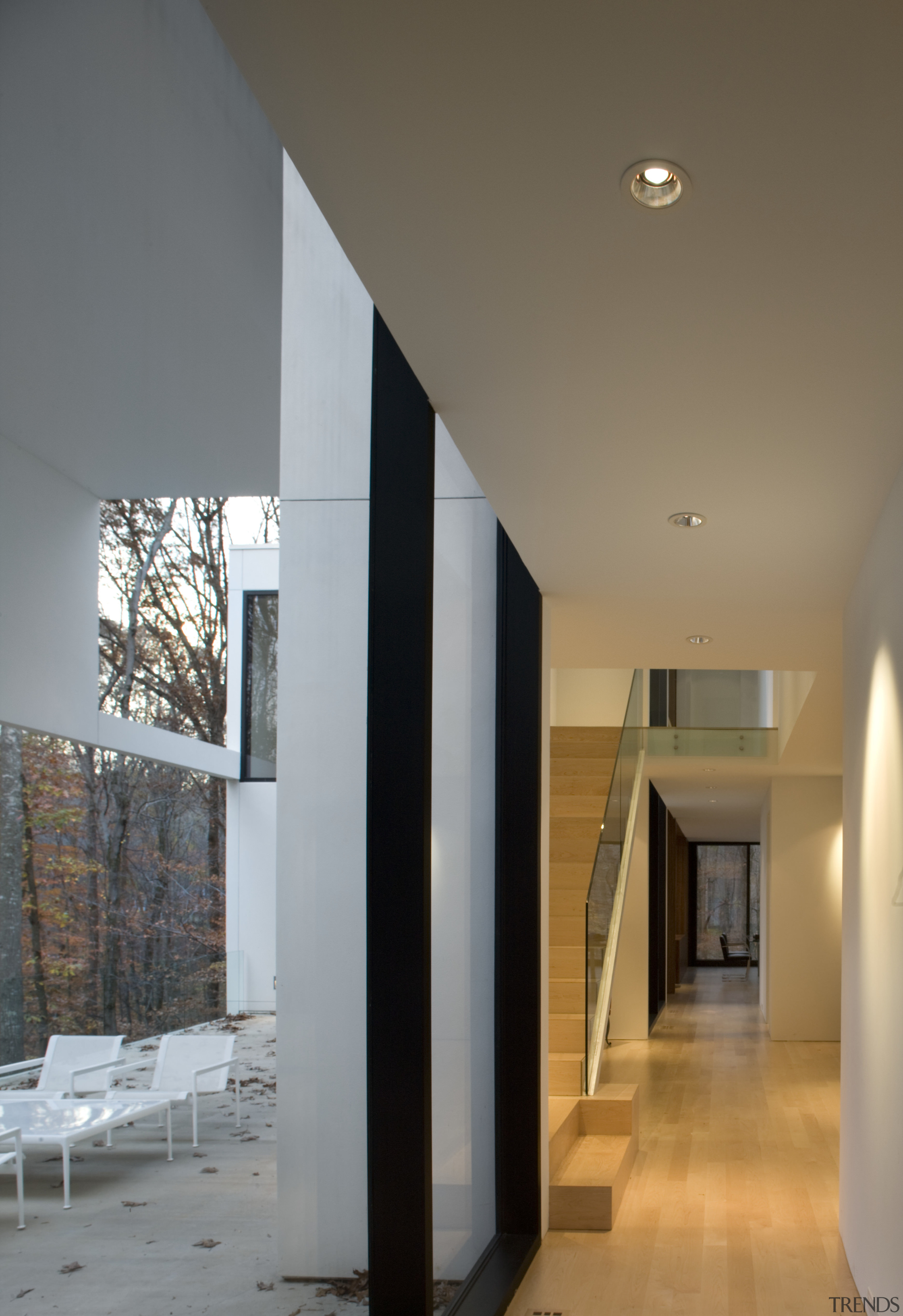 View of stairway at this contemporary home. - architecture, ceiling, column, daylighting, house, interior design, structure, tourist attraction, gray, brown