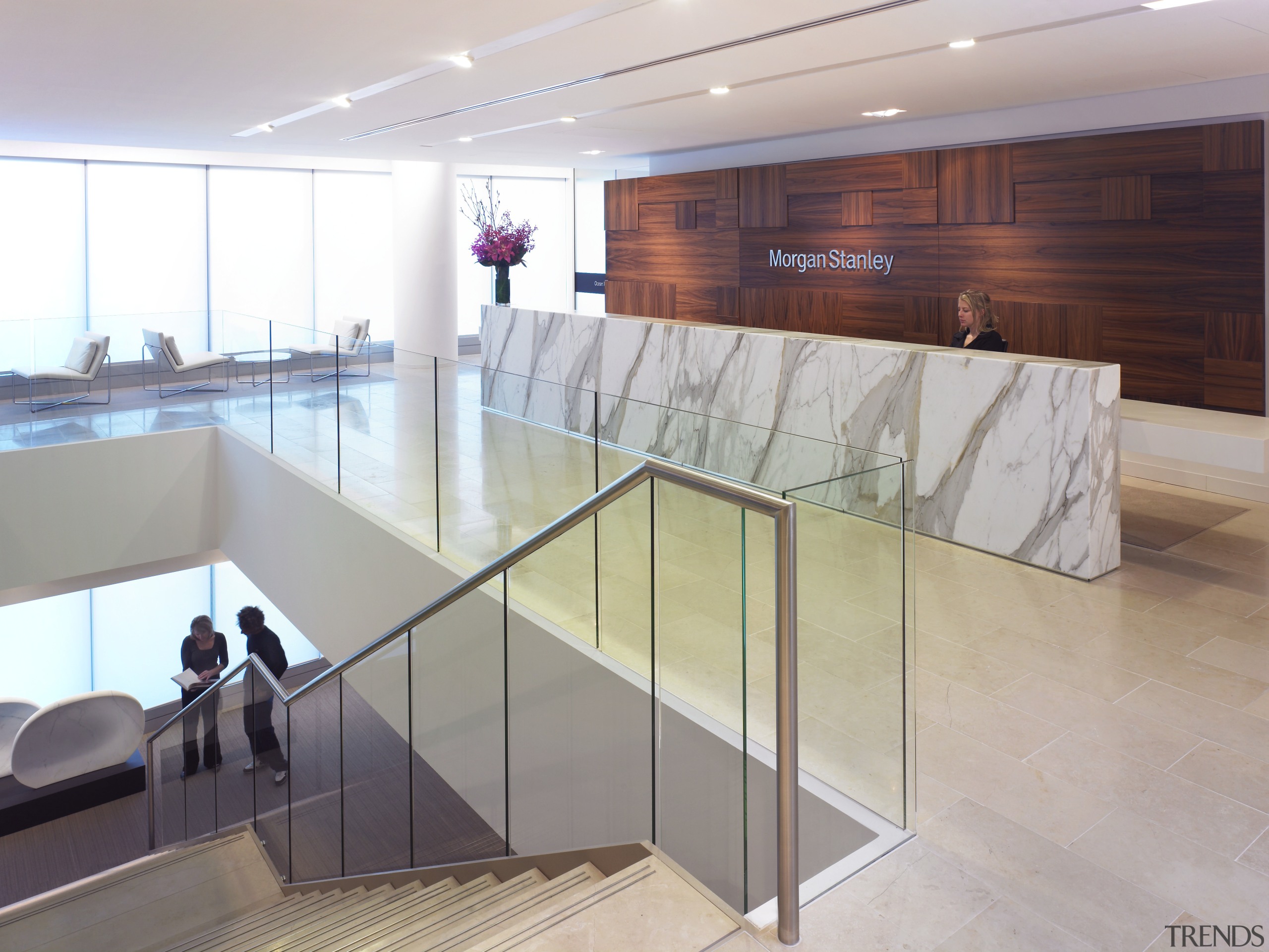 Interior view of offices where the interior fit-out floor, flooring, glass, handrail, interior design, lobby, table, gray