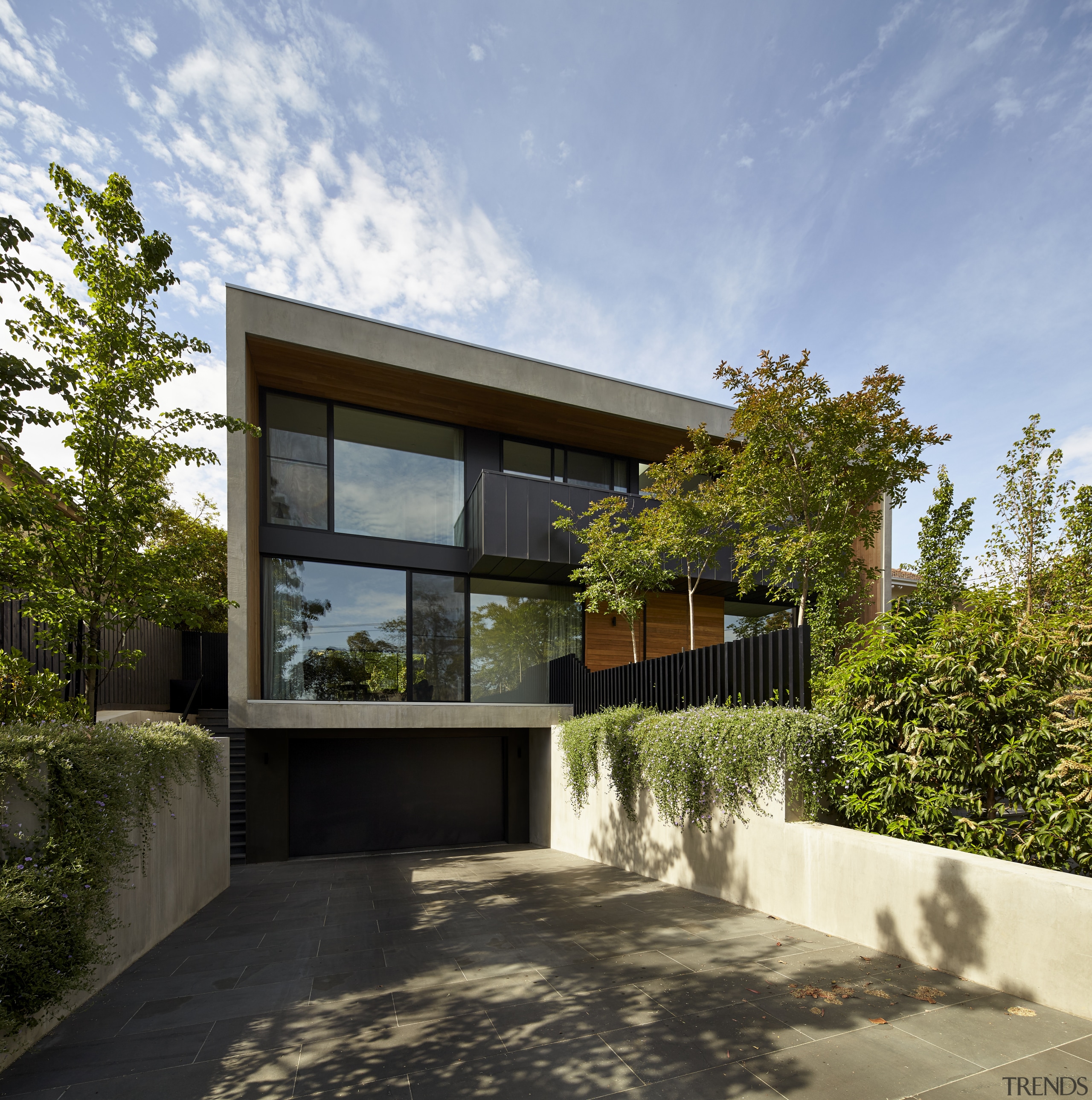 Blackbutt timber lines the deep soffits on this architecture, cottage, elevation, estate, facade, home, house, property, real estate, residential area, teal