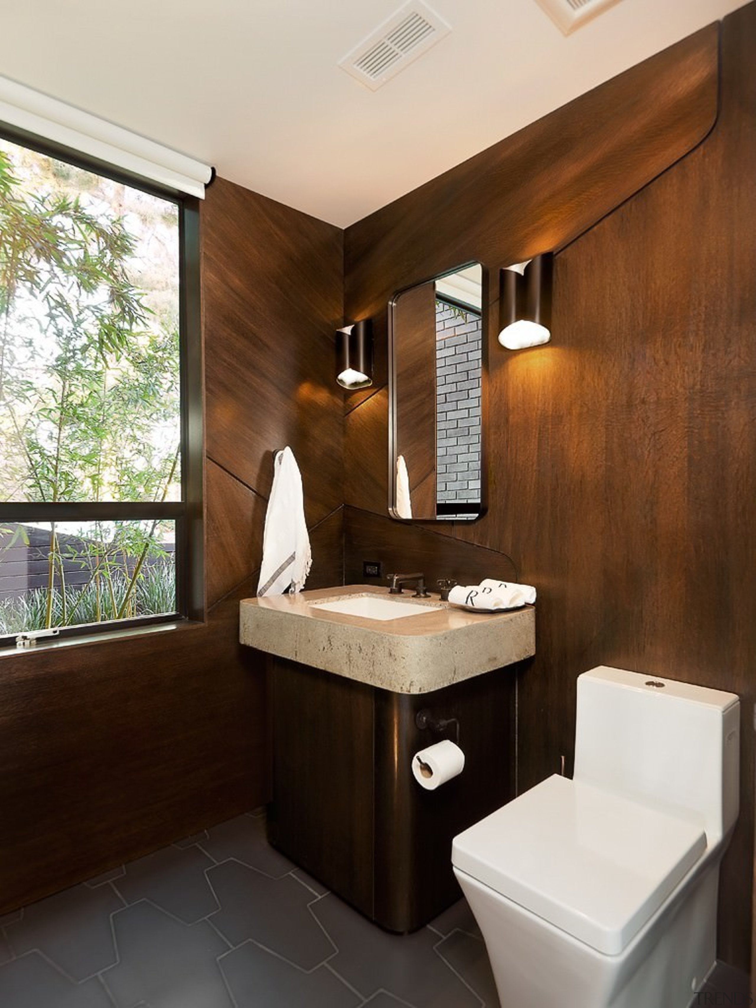 Wood panelling in the bathroom carries through from bathroom, interior design, room, brown, white