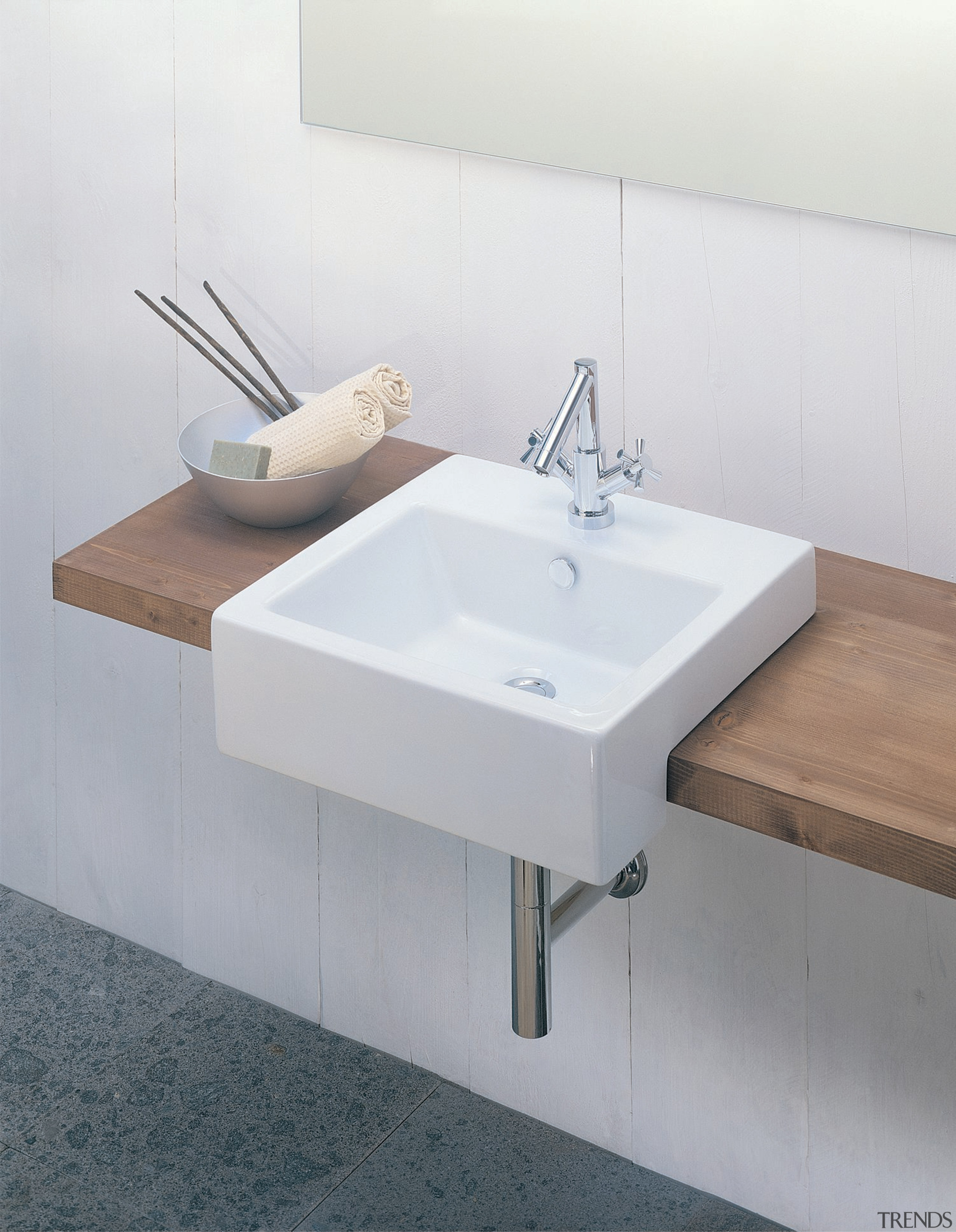 Bathroom: Thick wooden bench with rectangular sink on angle, bathroom, bathroom accessory, bathroom sink, ceramic, furniture, plumbing fixture, product design, sink, table, tap, white