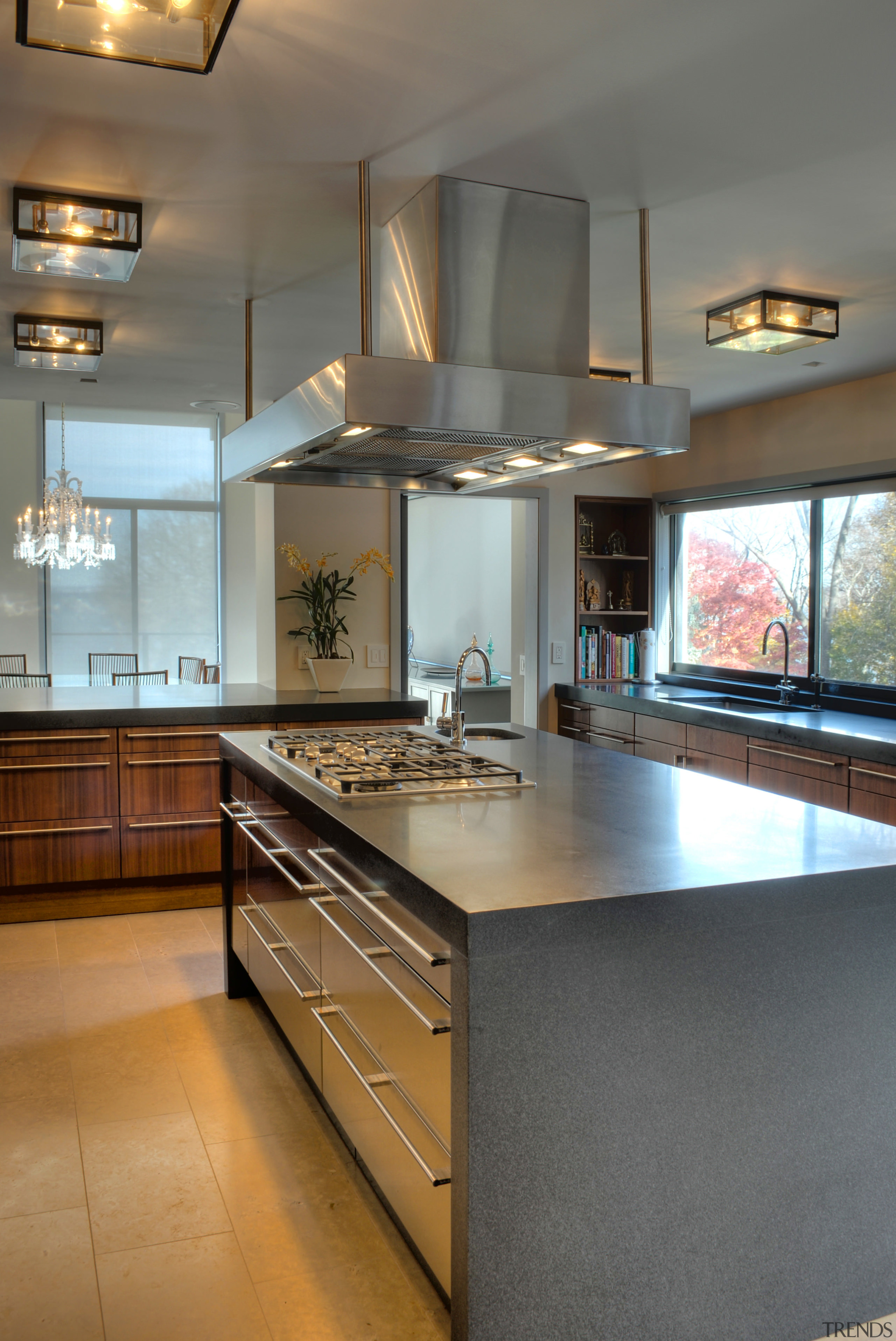 View of contemporary kitchen and dining area with cabinetry, ceiling, countertop, cuisine classique, home, interior design, kitchen, real estate, room, gray