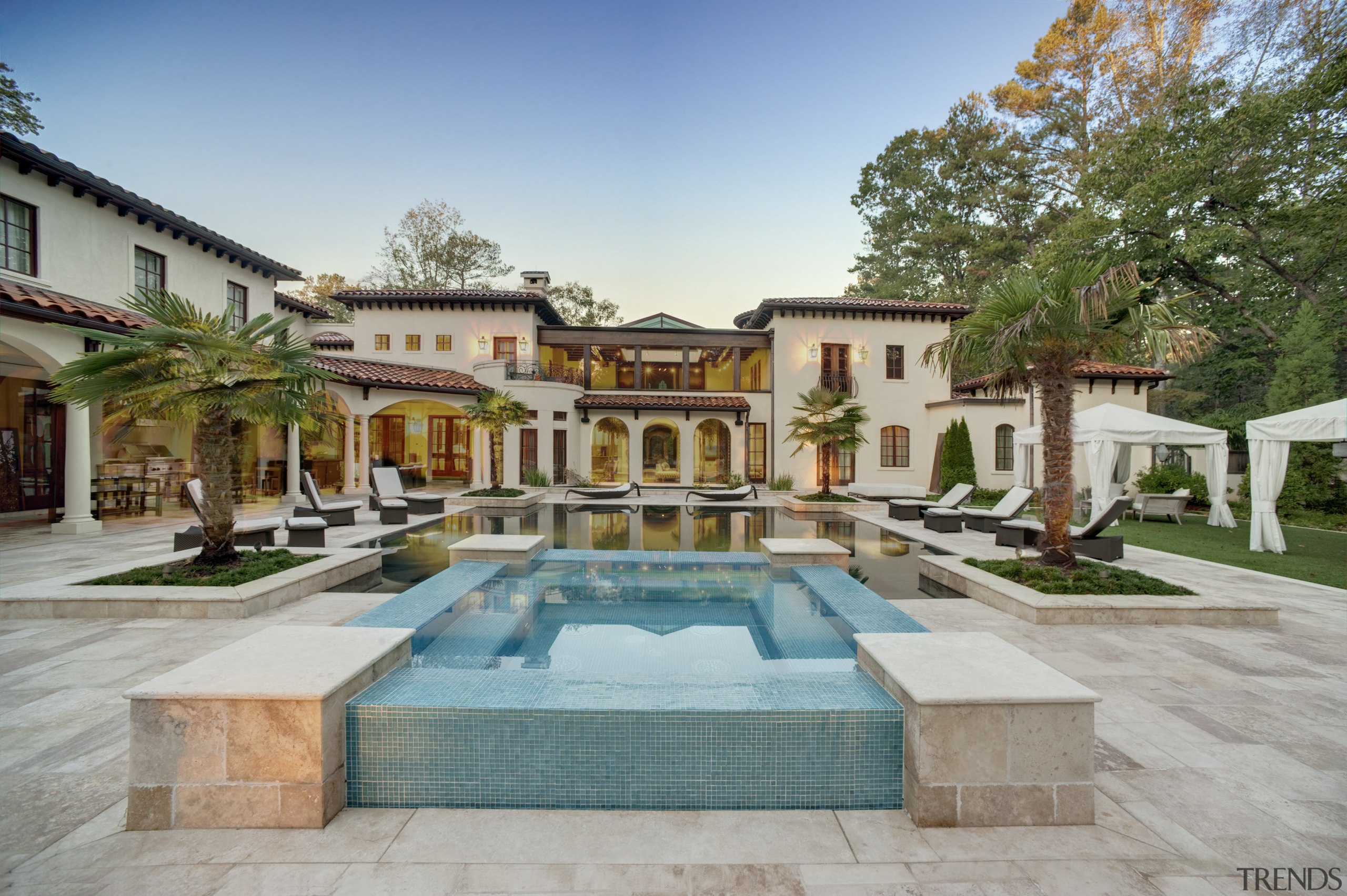 View of traditional home and pool area. - courtyard, estate, hacienda, home, leisure, mansion, property, real estate, resort, swimming pool, villa, gray