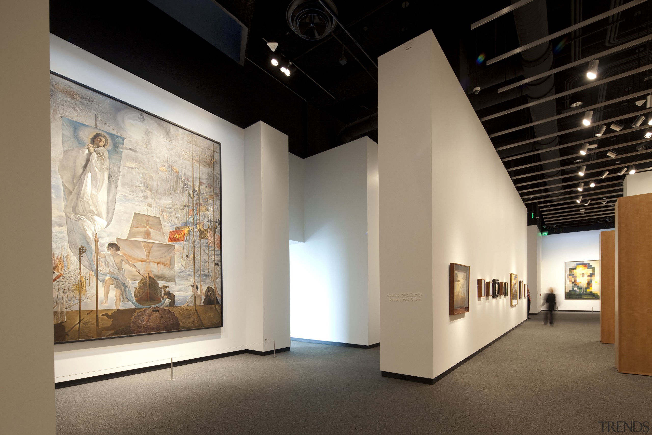 View of new art museum designed to house art exhibition, art gallery, exhibition, interior design, museum, tourist attraction, brown, black