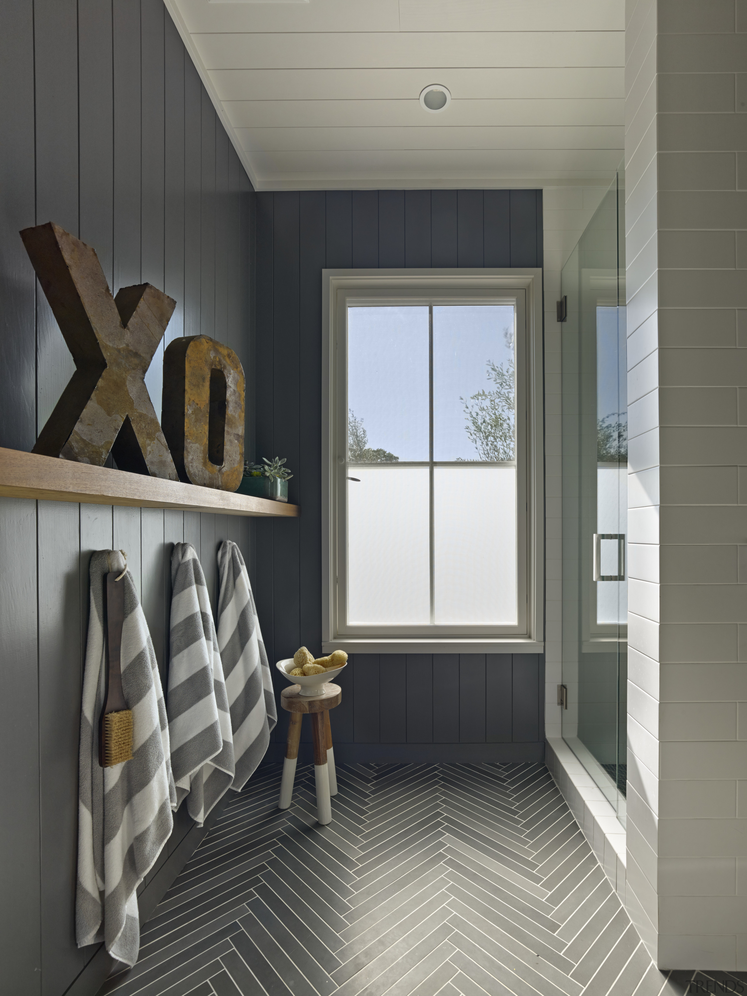 The wall boards in this bathroom are aligned architecture, floor, flooring, home, house, interior design, room, window, gray, black