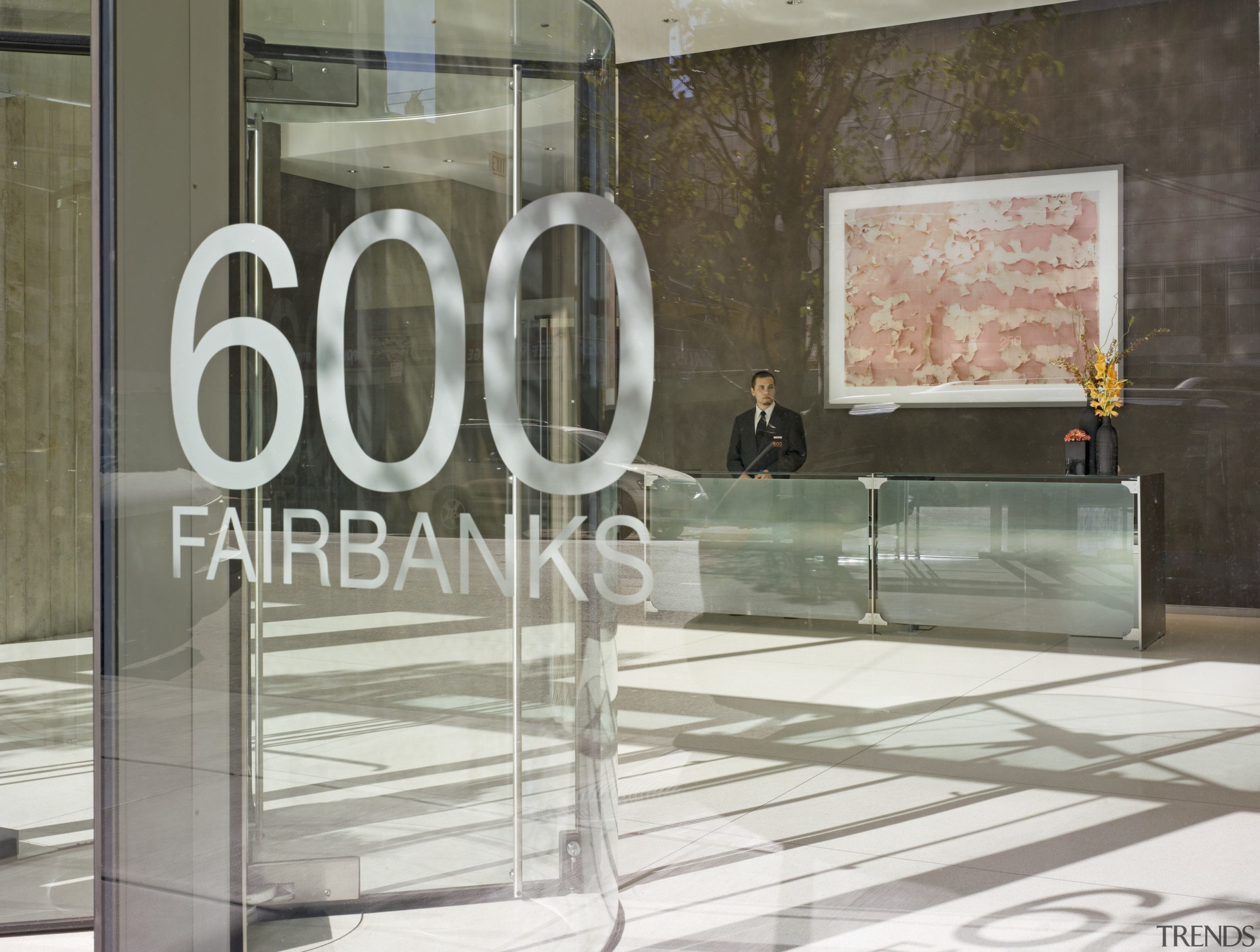 View of the entrance of 600 New Fairbanks floor, flooring, furniture, glass, interior design, table, gray, white