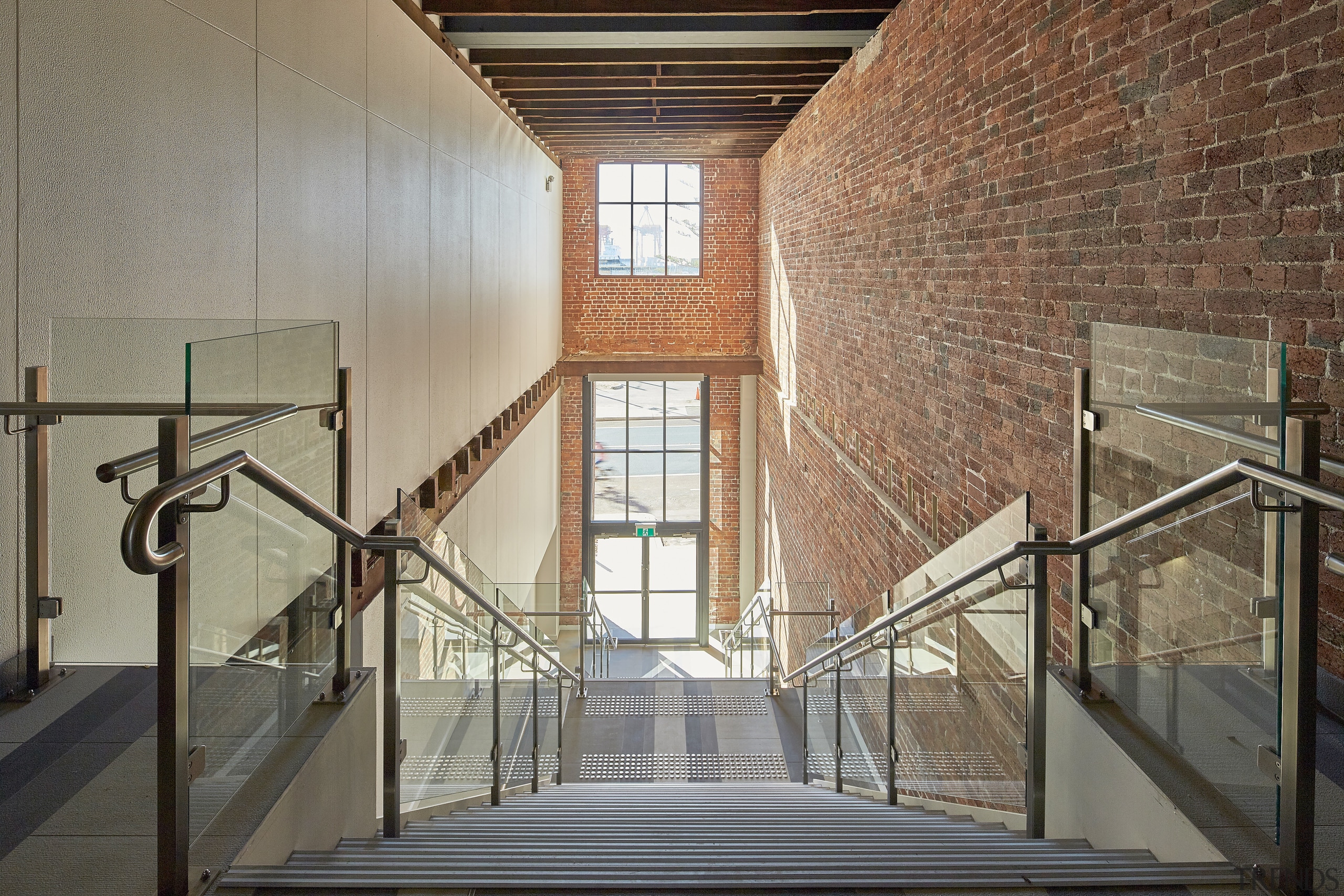 Fremantles Dalgety Wool Stores building has two street architecture, building, daylighting, handrail, stairs, tourist attraction, gray, brown