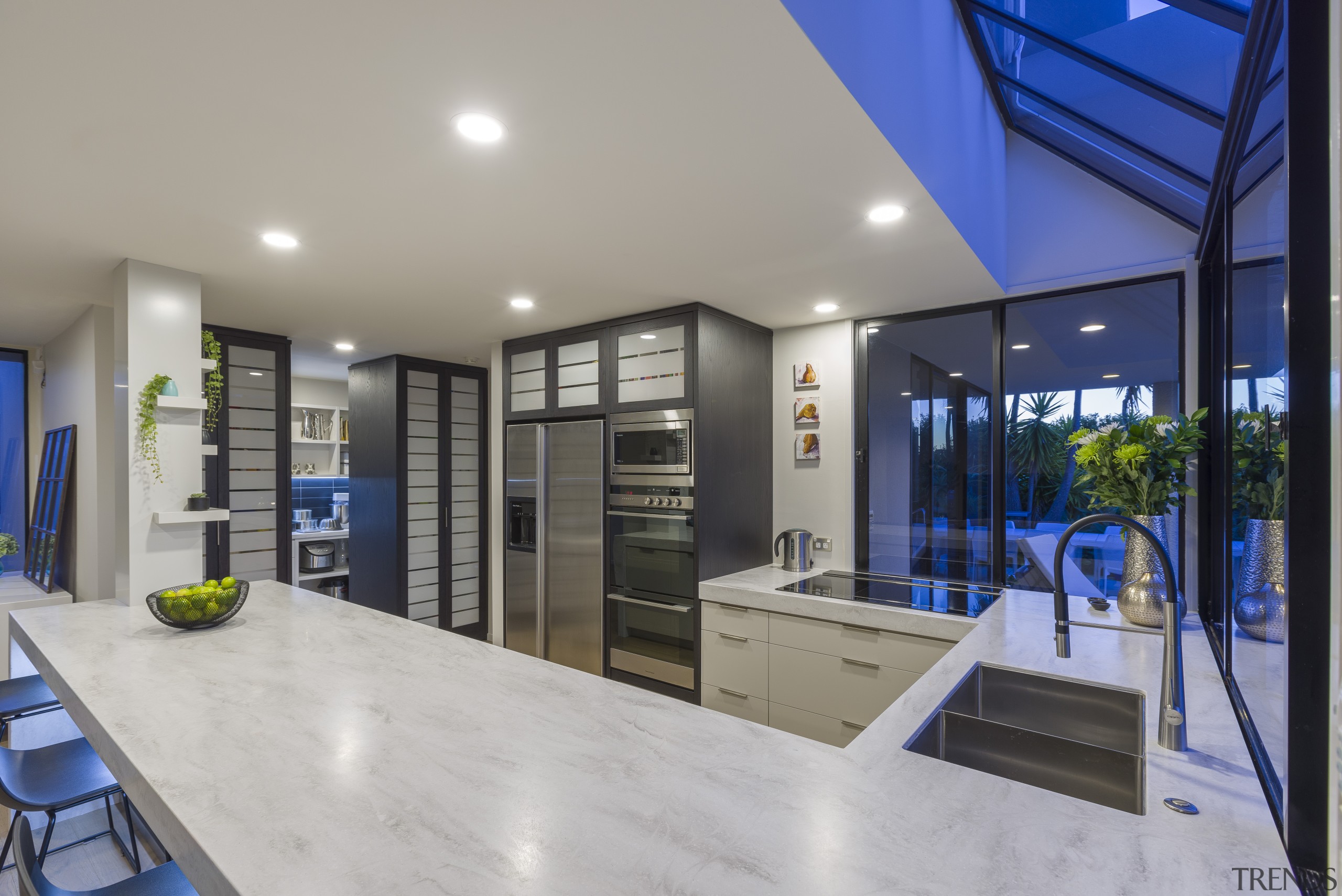 ​​​​​​​Two pantries for food and crockery flank the house, home, kitchen design, Kira Gray, Fyfe Kitchens, cabinetry, Corian benchtop