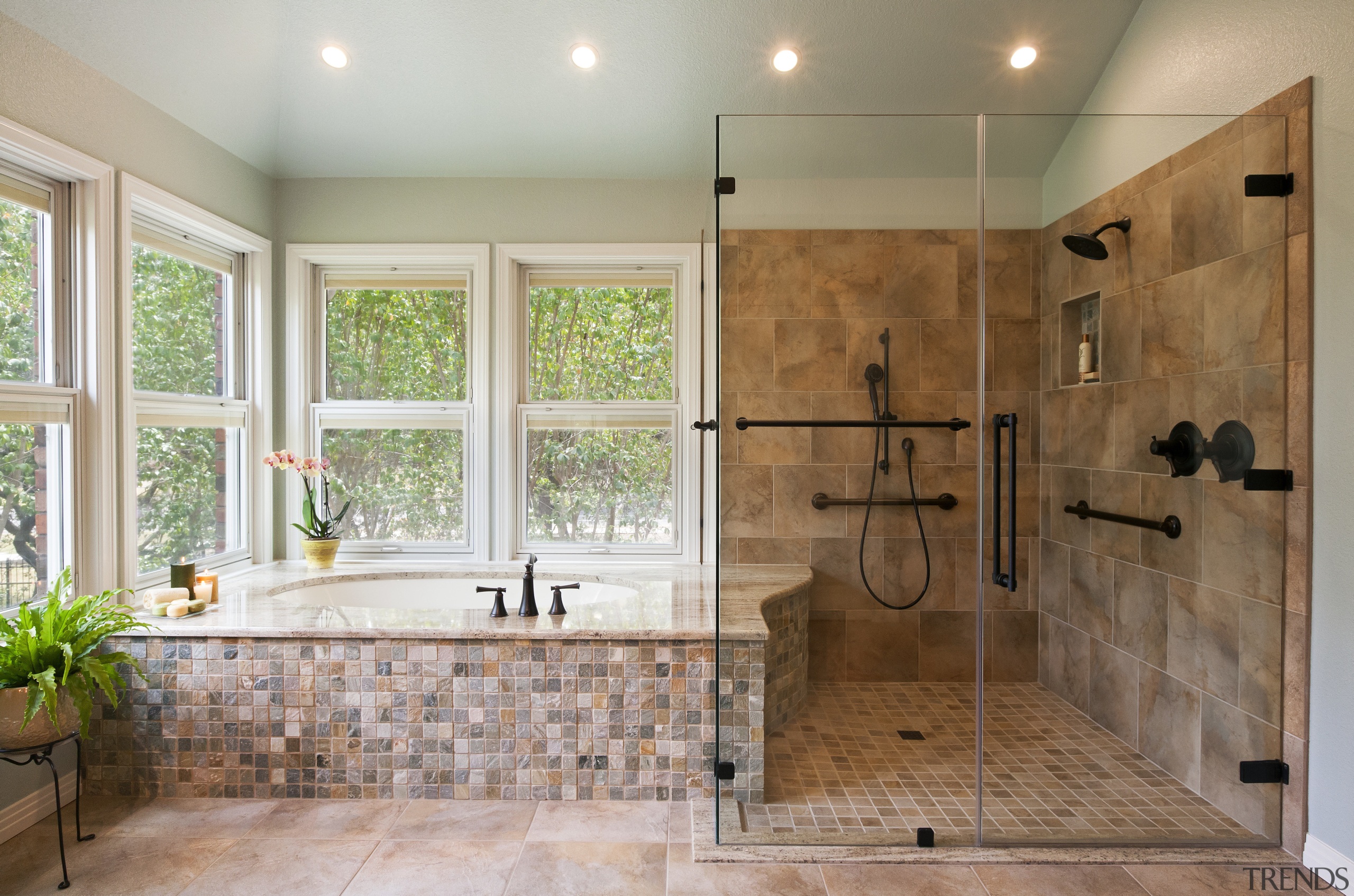 The threshold of this shower was lowered to bathroom, countertop, estate, floor, flooring, home, interior design, plumbing fixture, room, tile, wall, gray, brown