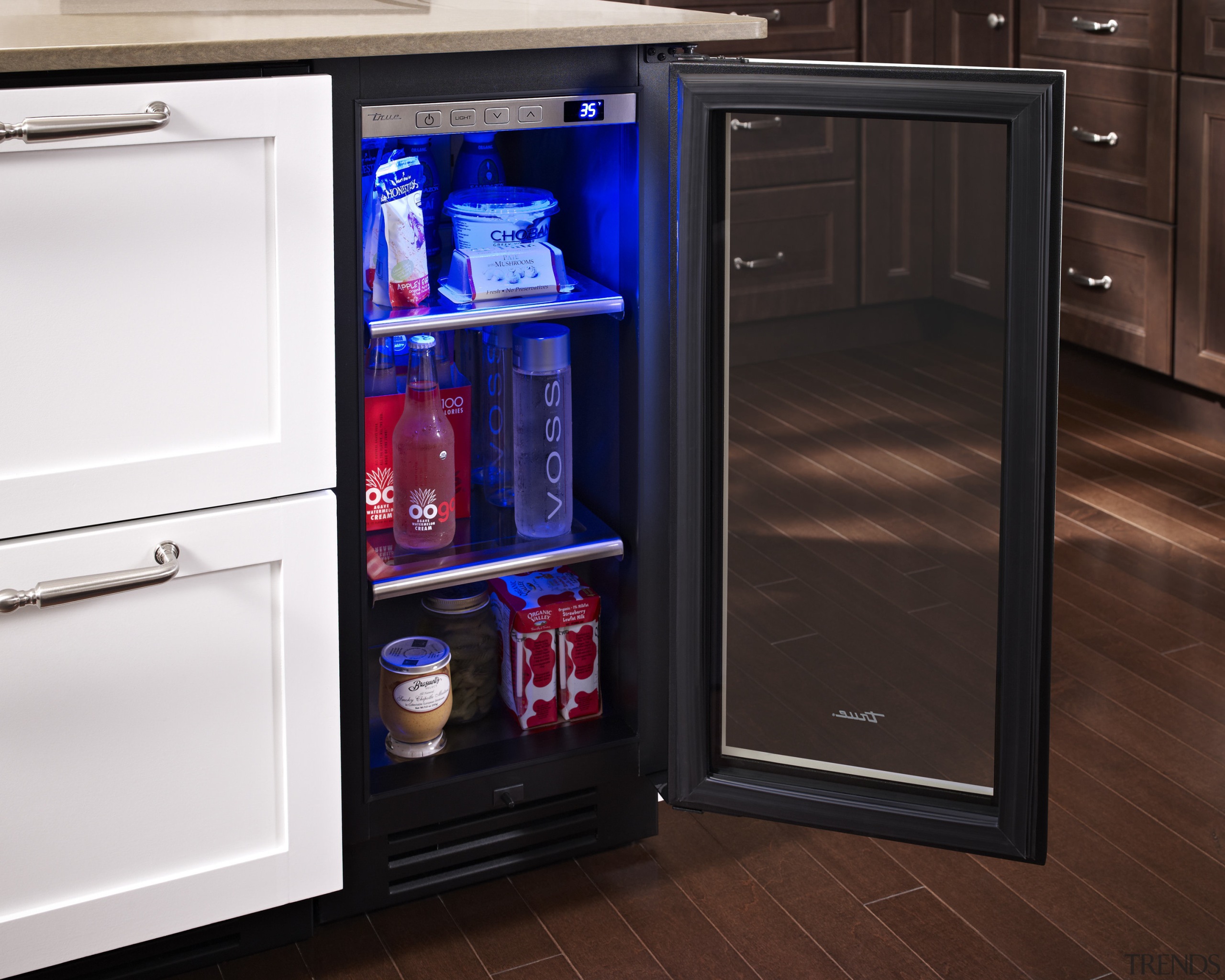 Wine refrigerator from the True Professional Series, a home appliance, kitchen appliance, major appliance, product, refrigerator, red, white