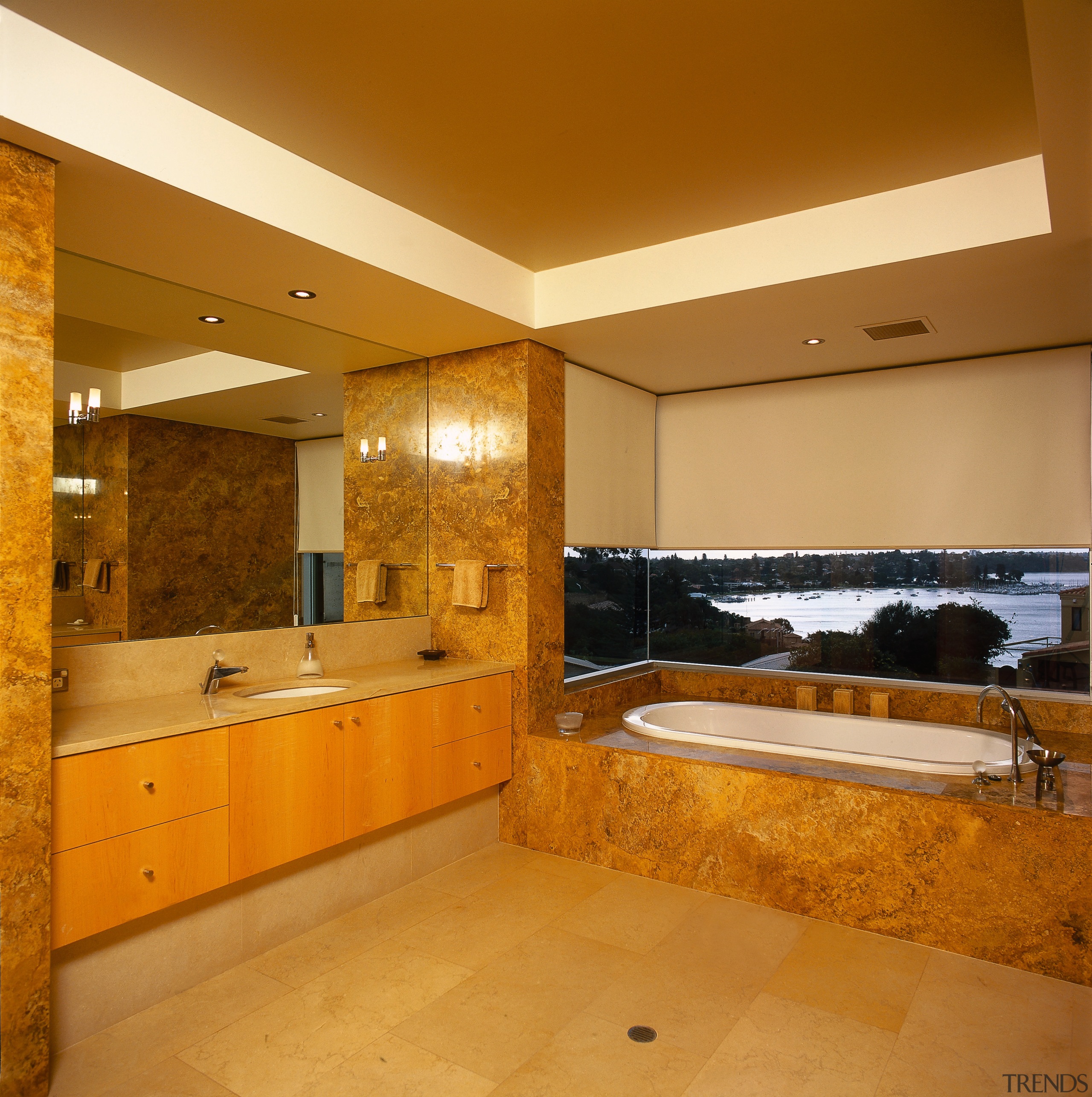 View of the bathroom with marble finish on architecture, bathroom, ceiling, countertop, estate, floor, home, interior design, real estate, room, wall, orange, brown