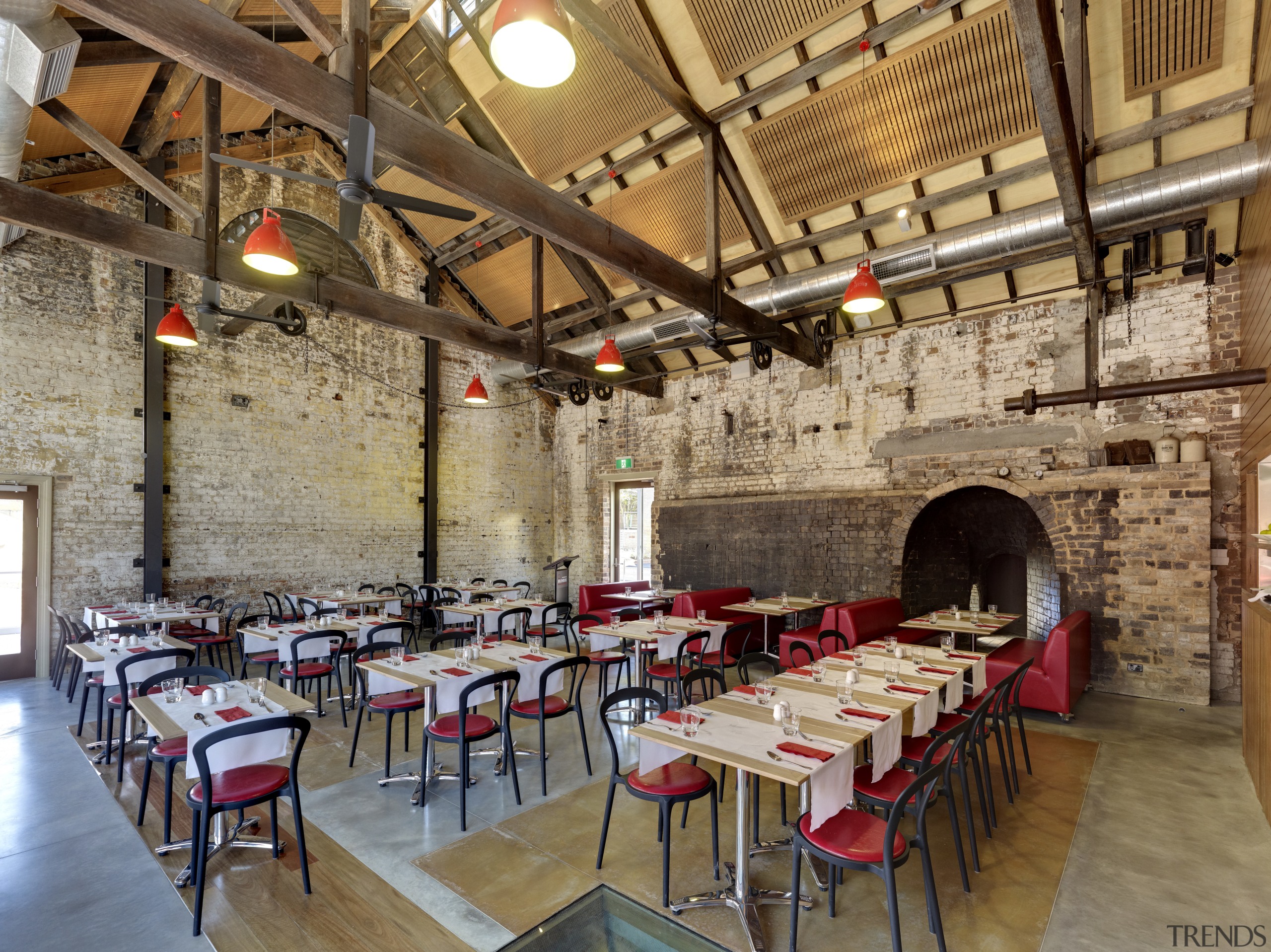 View of dining area with red seats and interior design, restaurant, brown