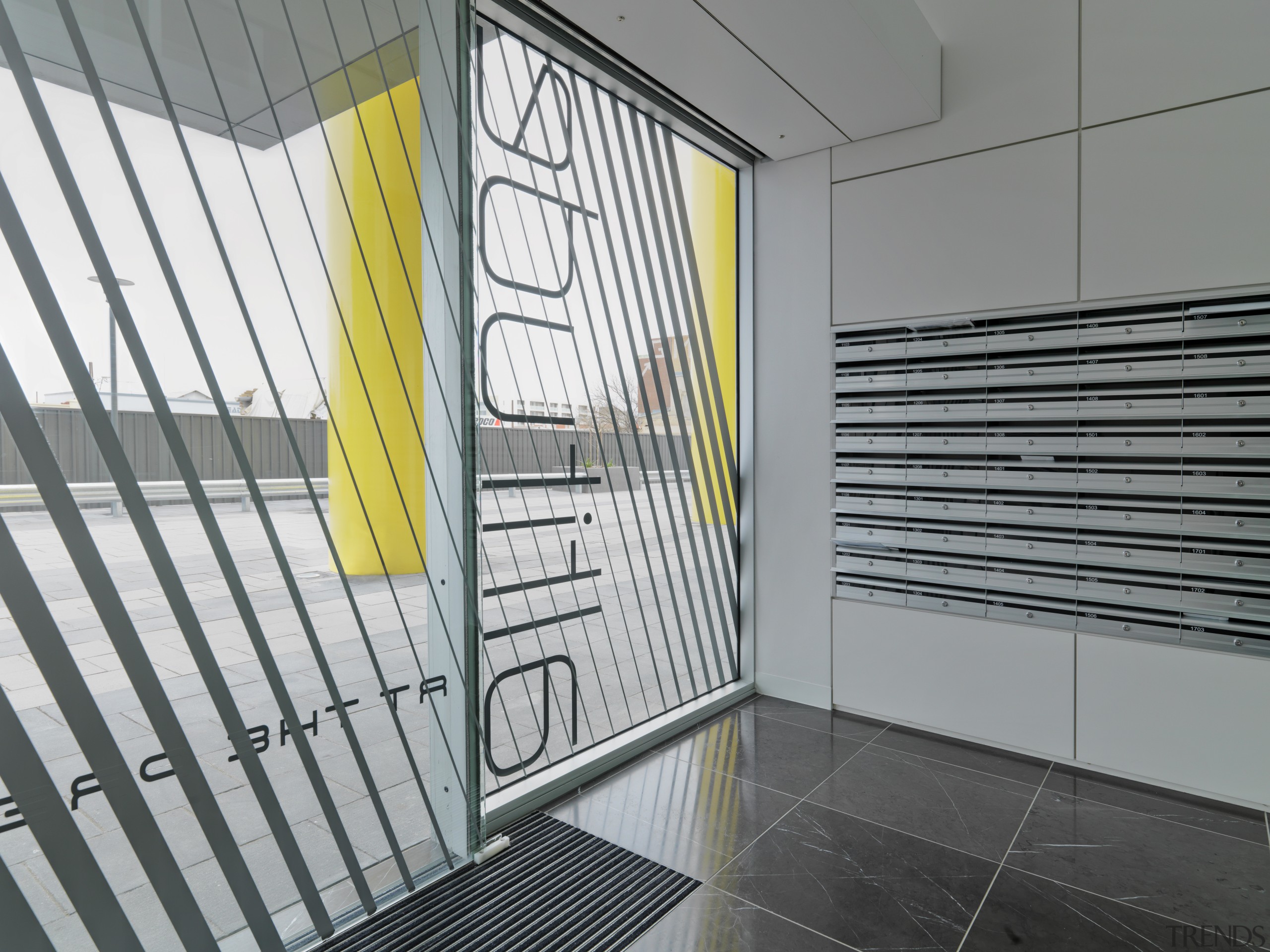 View of the front entrance to the Altitude architecture, ceiling, daylighting, design, glass, interior design, line, real estate, wall, window, window covering, gray