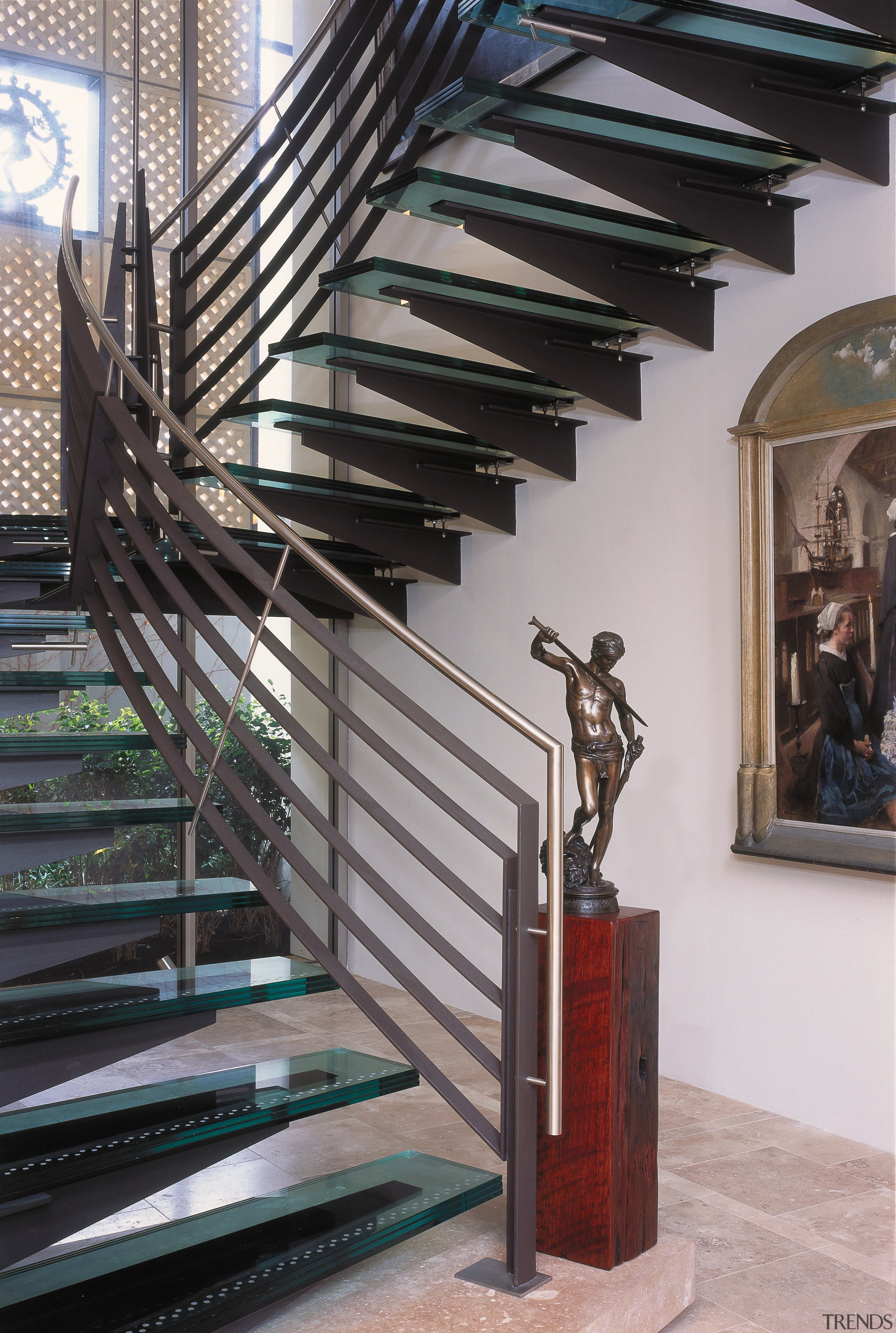 view of the spiralling glass staircase - view baluster, glass, handrail, iron, stairs, structure, gray, black