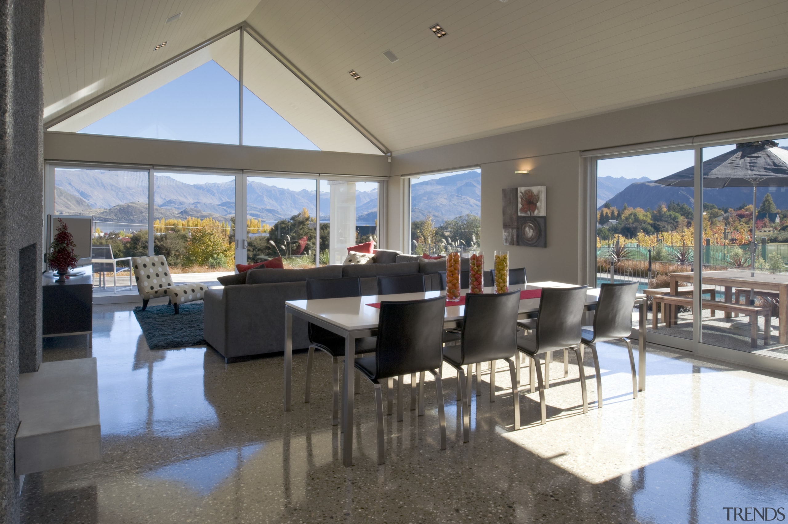 View of open-plan dining area with polished concrete apartment, house, interior design, real estate, gray