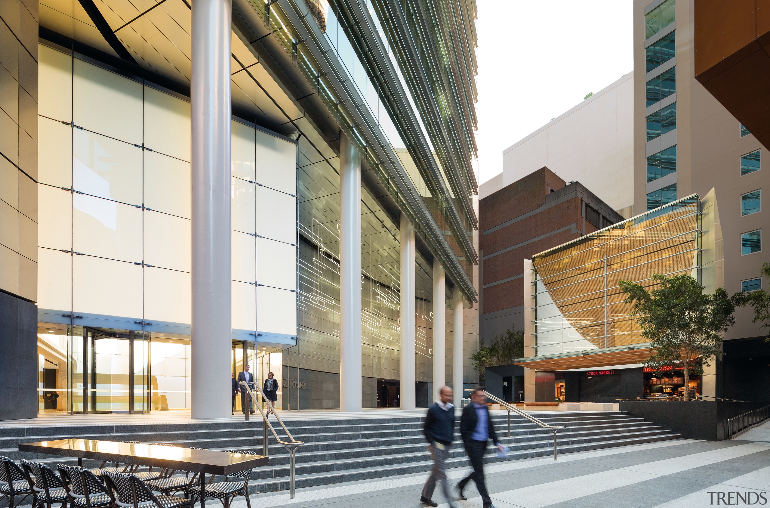 Paving with alternating bands of light and dark architecture, building, commercial building, condominium, corporate headquarters, daylighting, facade, lobby, metropolitan area, mixed use, gray, white