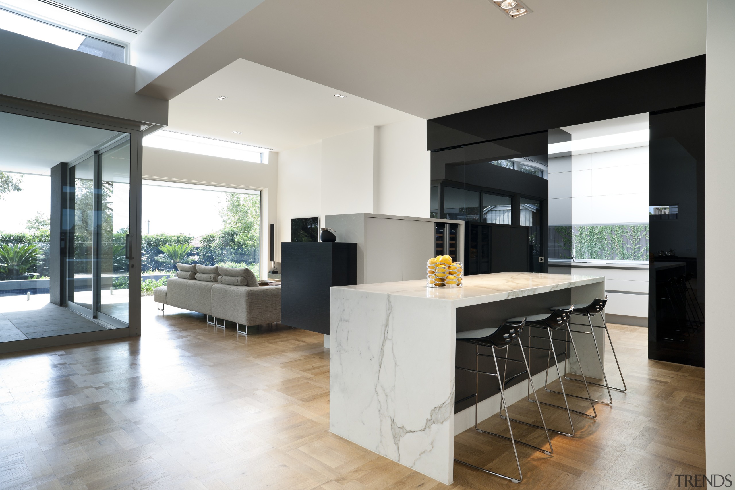 Cooking clutter has been banished forever from this architecture, countertop, floor, flooring, interior design, kitchen, living room, real estate, white