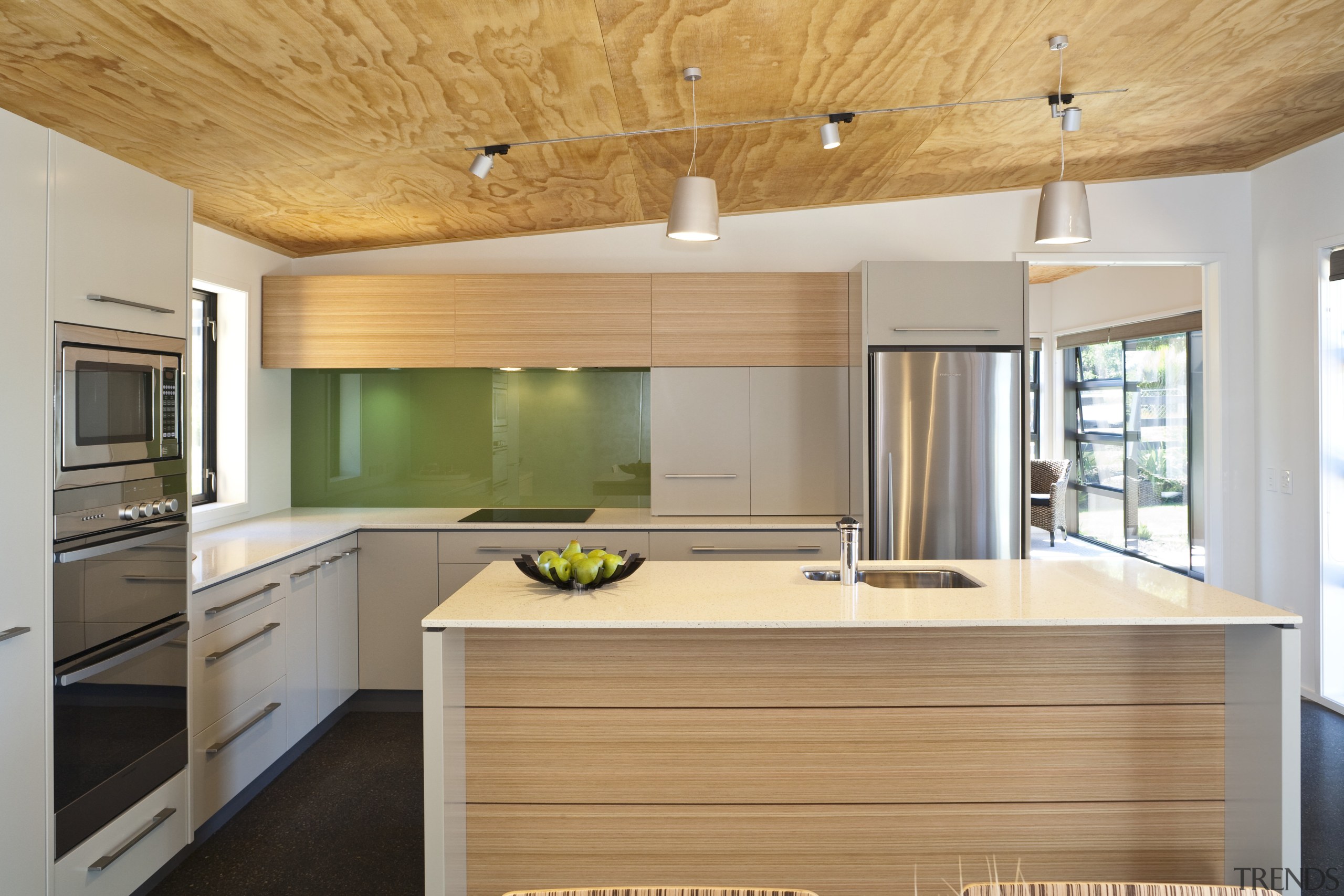 View of the kitchen which features timber panels architecture, cabinetry, ceiling, countertop, cuisine classique, hardwood, interior design, kitchen, real estate, wood, orange, gray