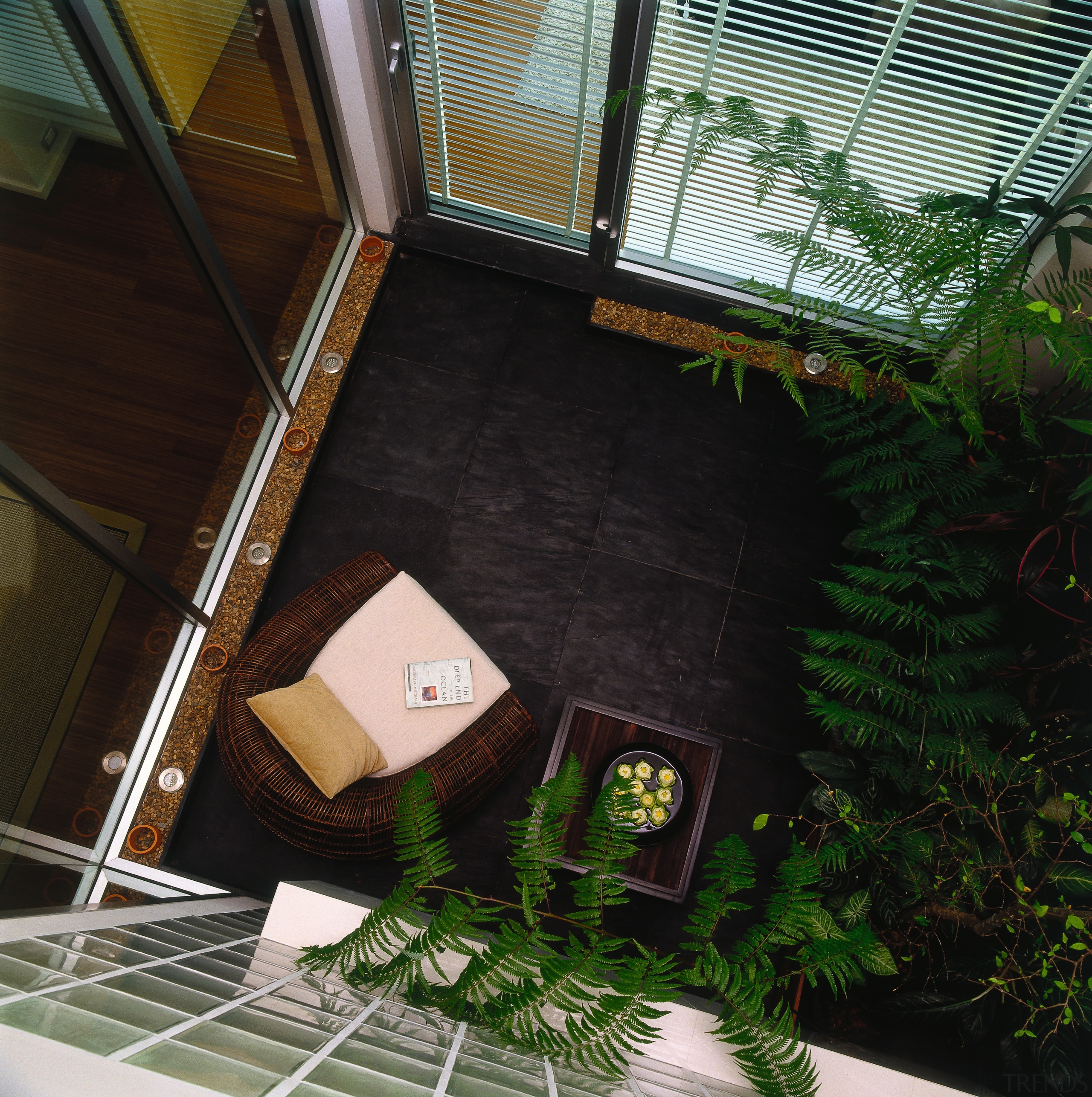 View of the internal courtyard garden. - View architecture, courtyard, daylighting, grass, green, house, plant, property, roof, tree, window, black