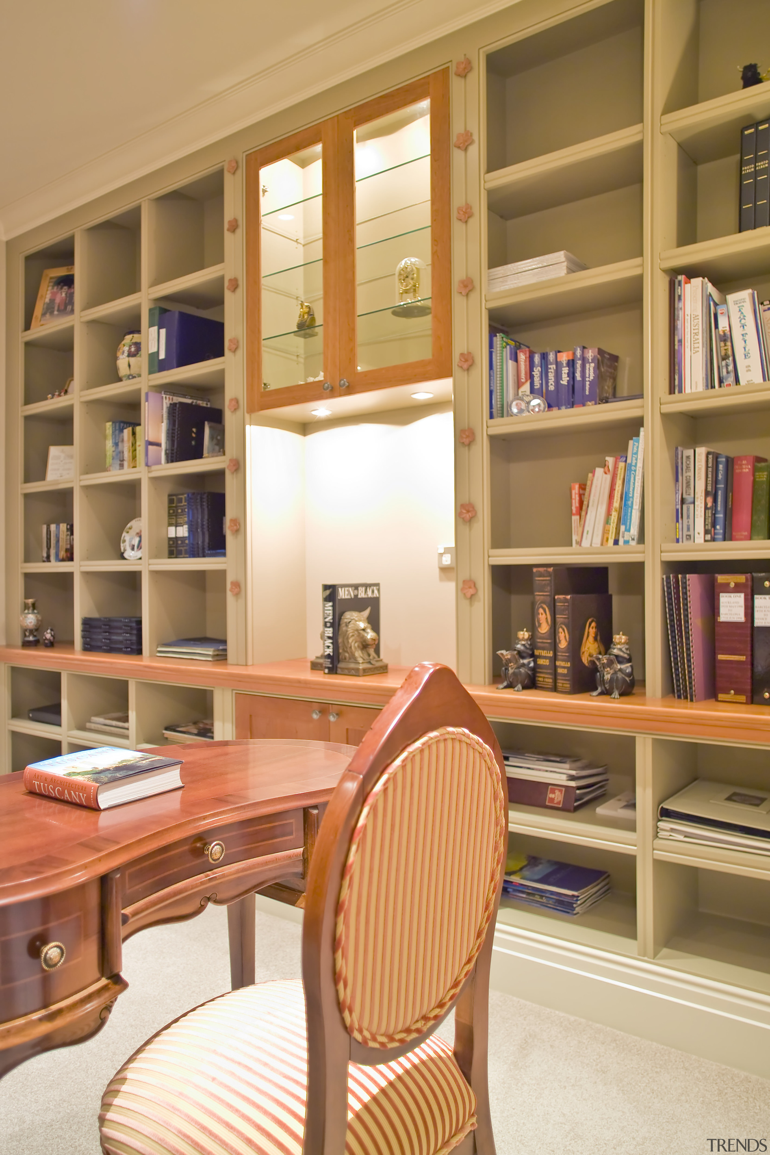 View of high-end cabinetry from Project Kitchens - bookcase, cabinetry, furniture, institution, interior design, library, library science, public library, shelf, shelving, orange, brown