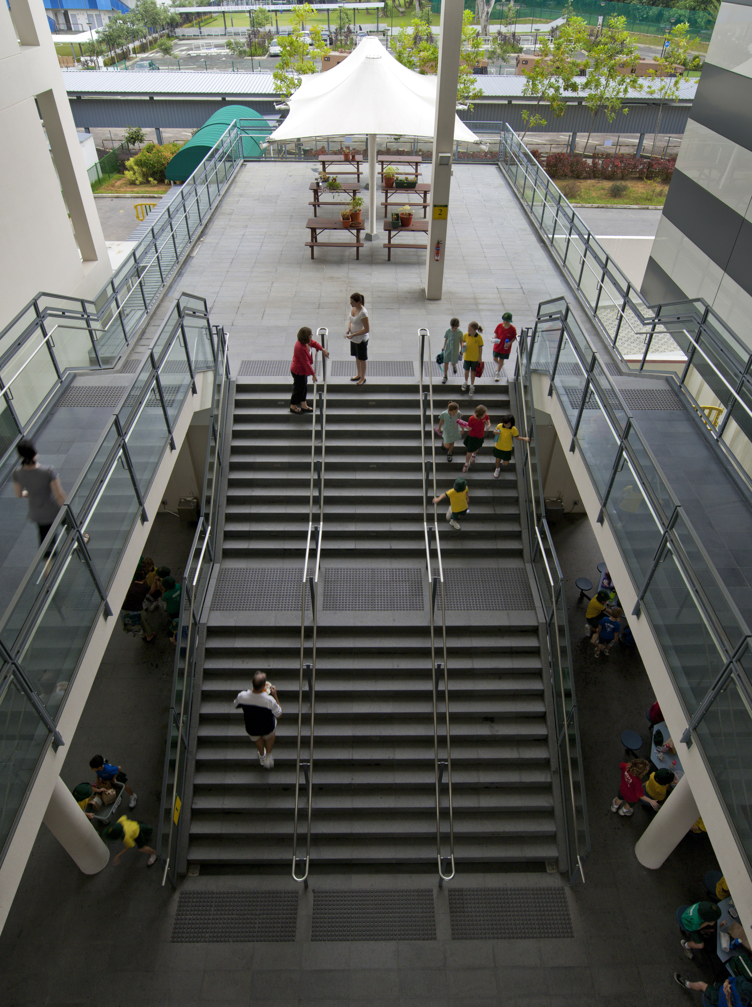 Close-up view of the main stairway - Close-up handrail, structure, black, gray