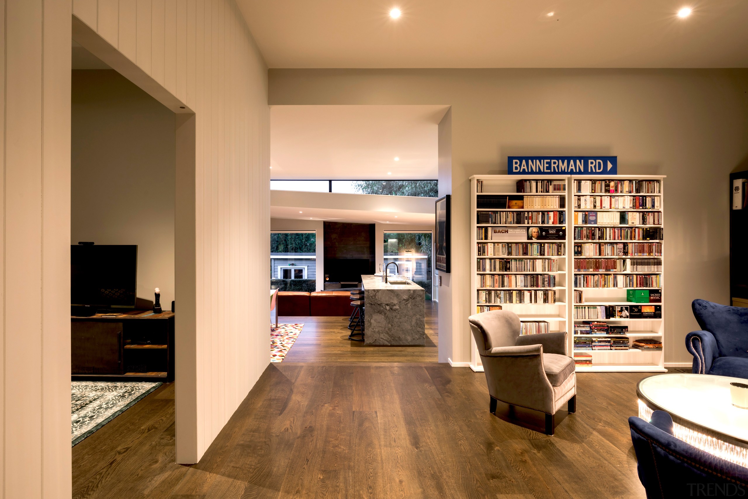 Modern extension celebrates contrast with existing traditional villa architecture, building, cabinetry, ceiling, floor, flooring, furniture, hardwood, home, house, interior design, laminate flooring, living room, property, real estate, room, shelf, shelving, wall, wood, wood flooring, orange, brown