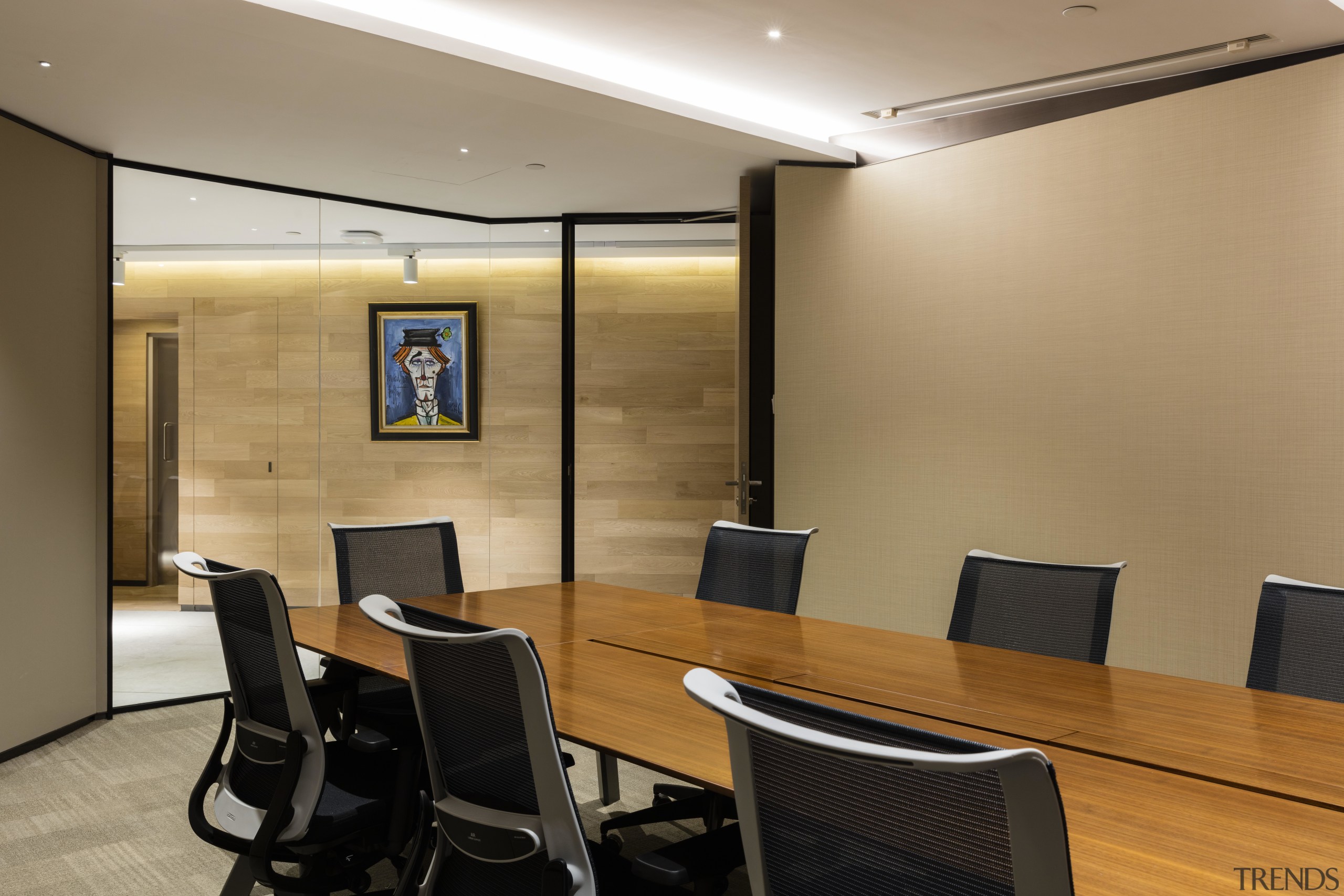 The board room looks out to the lift ceiling, conference hall, interior design, office, real estate, wall, brown, orange