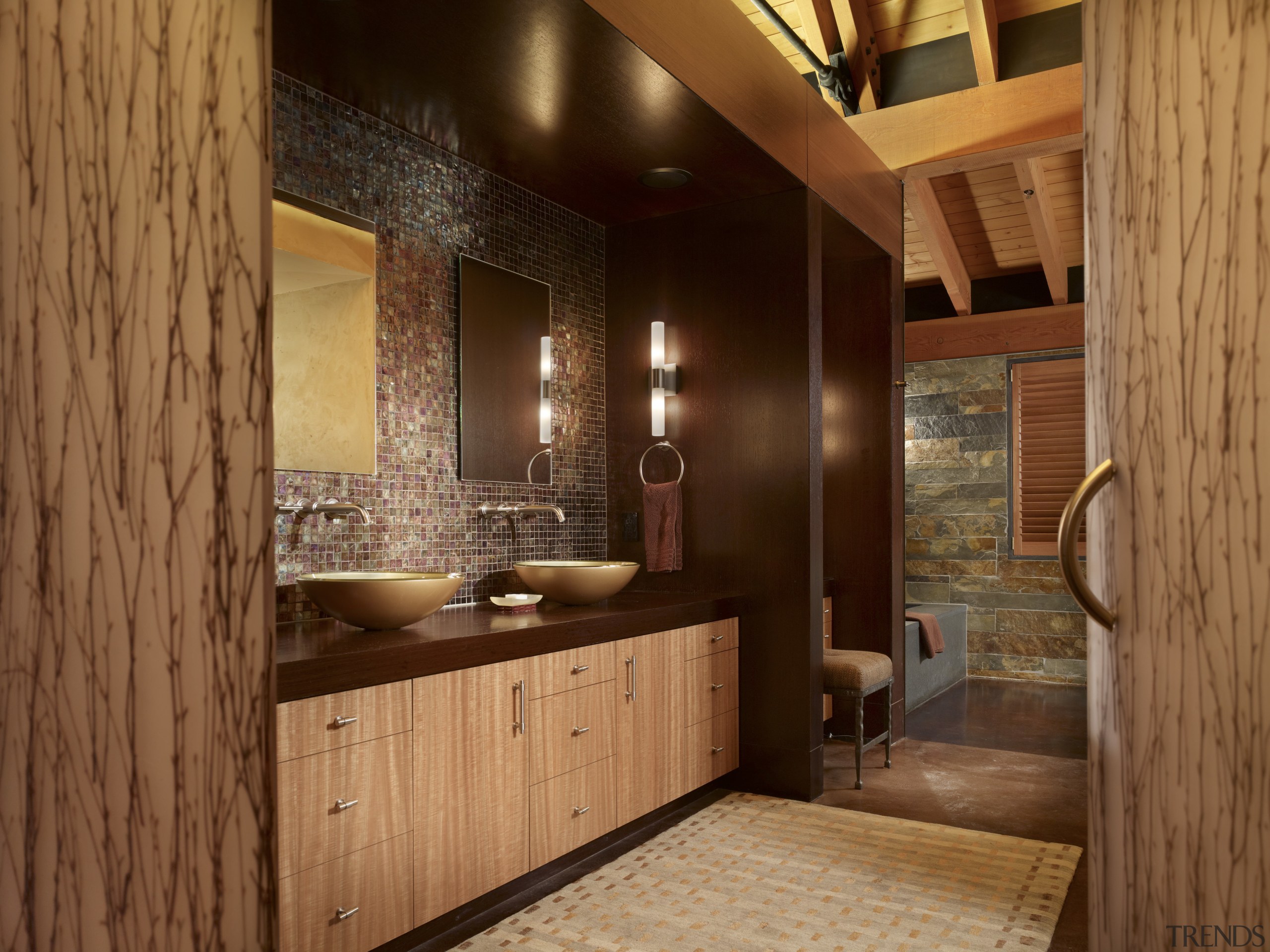 Doors to this bathroom in a mountain house bathroom, cabinetry, ceiling, home, interior design, room, wall, wood, brown